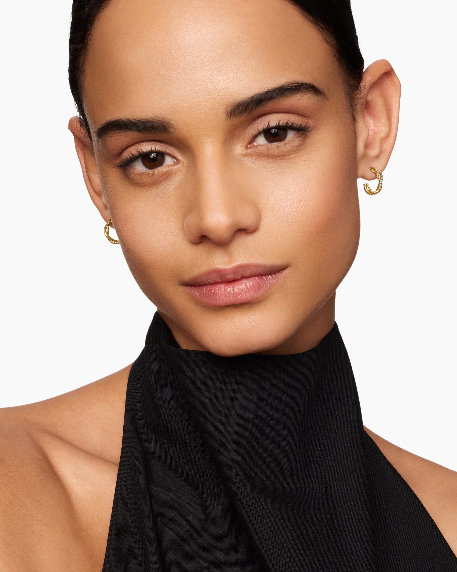 Alternative view of Petite Infinity Huggie Hoop Earrings in 18K Yellow Gold with Diamonds, 3mm