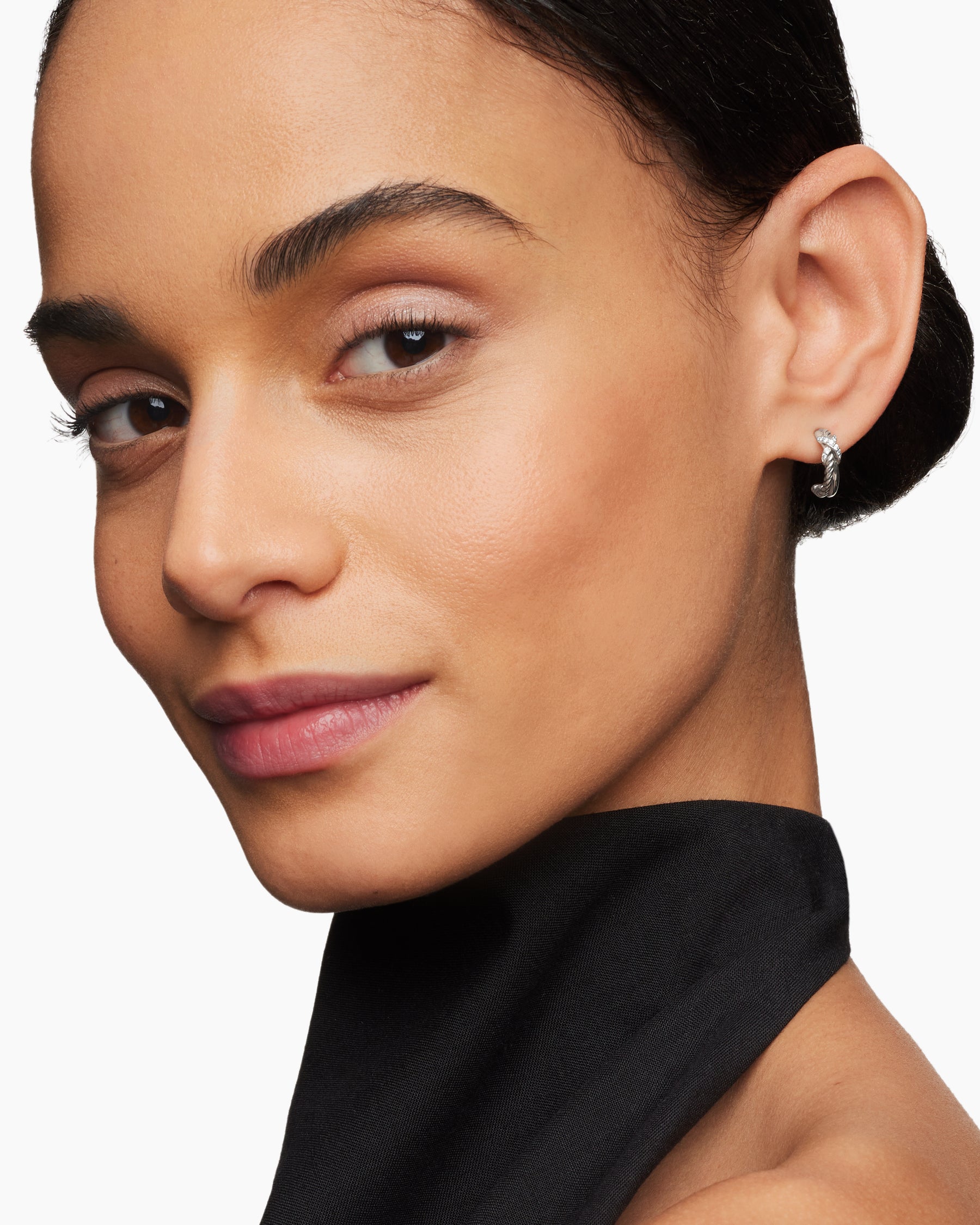 Alternative view of Petite X Hoop Earrings in Sterling Silver with Pavé Diamonds, 12.6mm