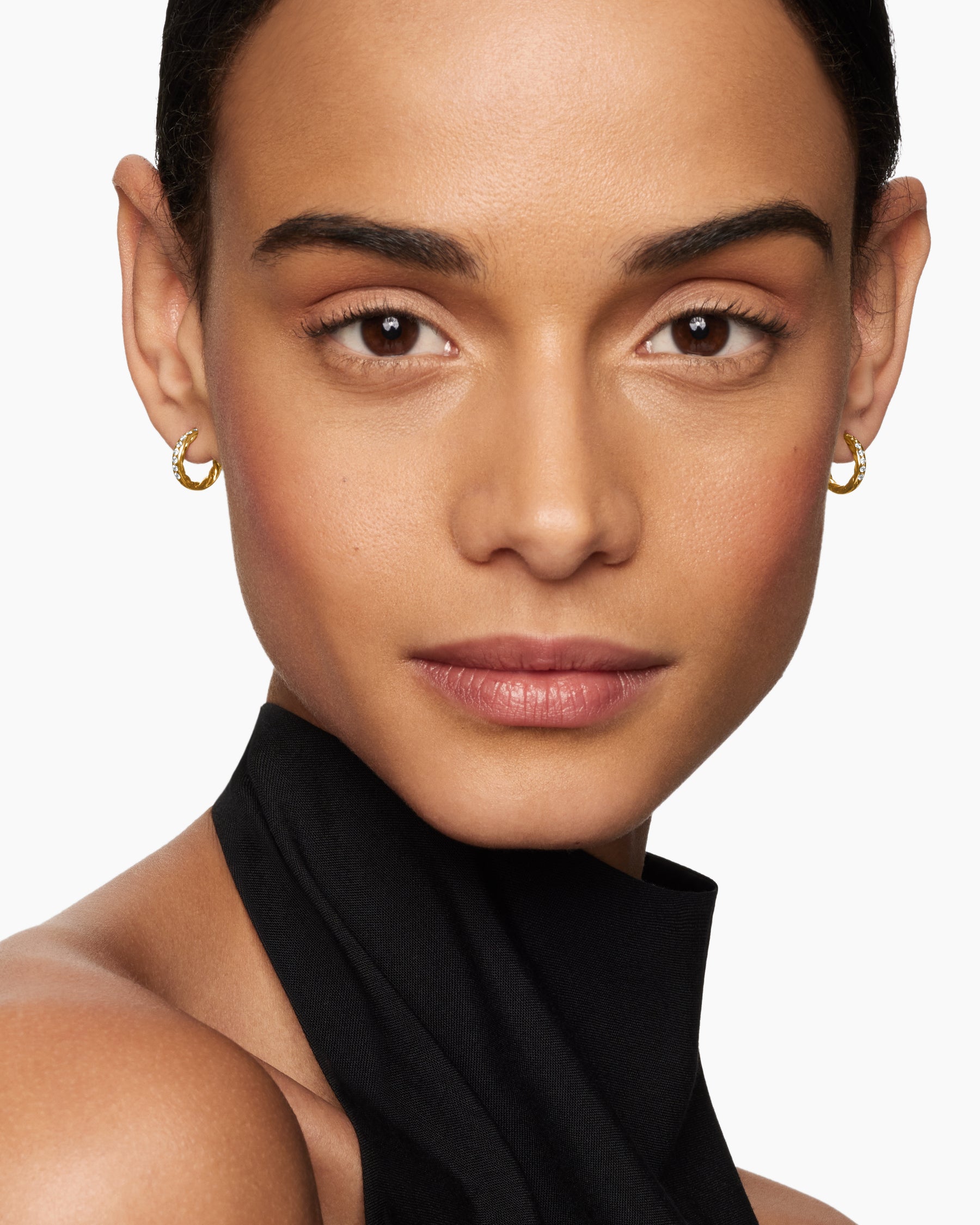 Alternative view of Pavé Huggie Hoop Earrings in 18K Yellow Gold with Diamonds, 13mm