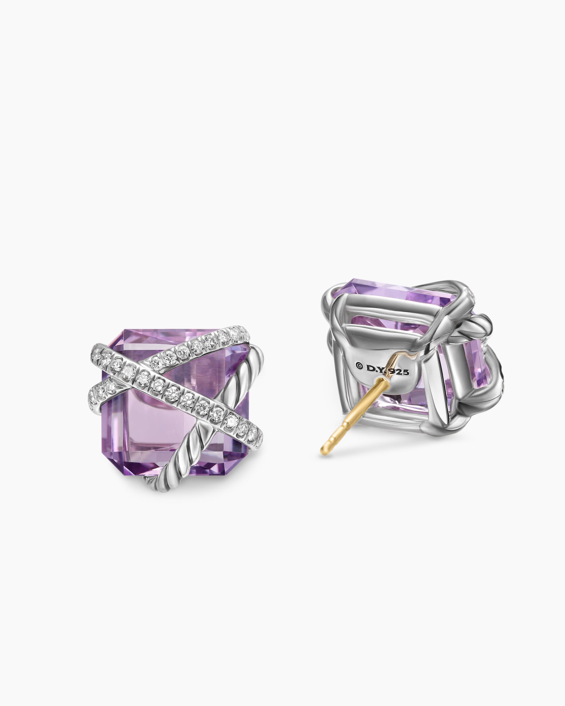 Cable Wrap Stud Earrings in Sterling Silver with Lavender Amethyst and Diamonds, 12mm - Image 3