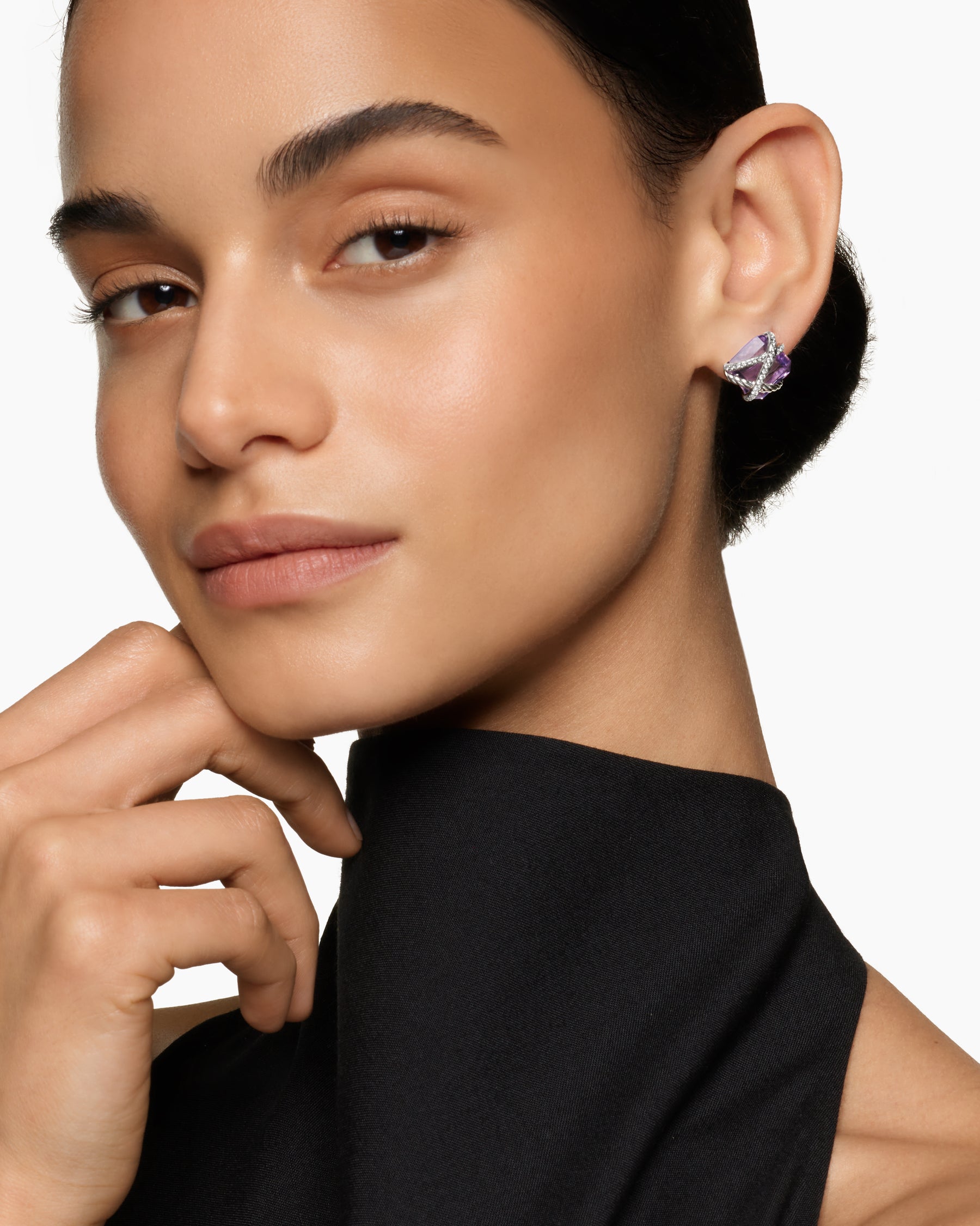 Alternative view of Cable Wrap Stud Earrings in Sterling Silver with Lavender Amethyst and Diamonds, 12mm
