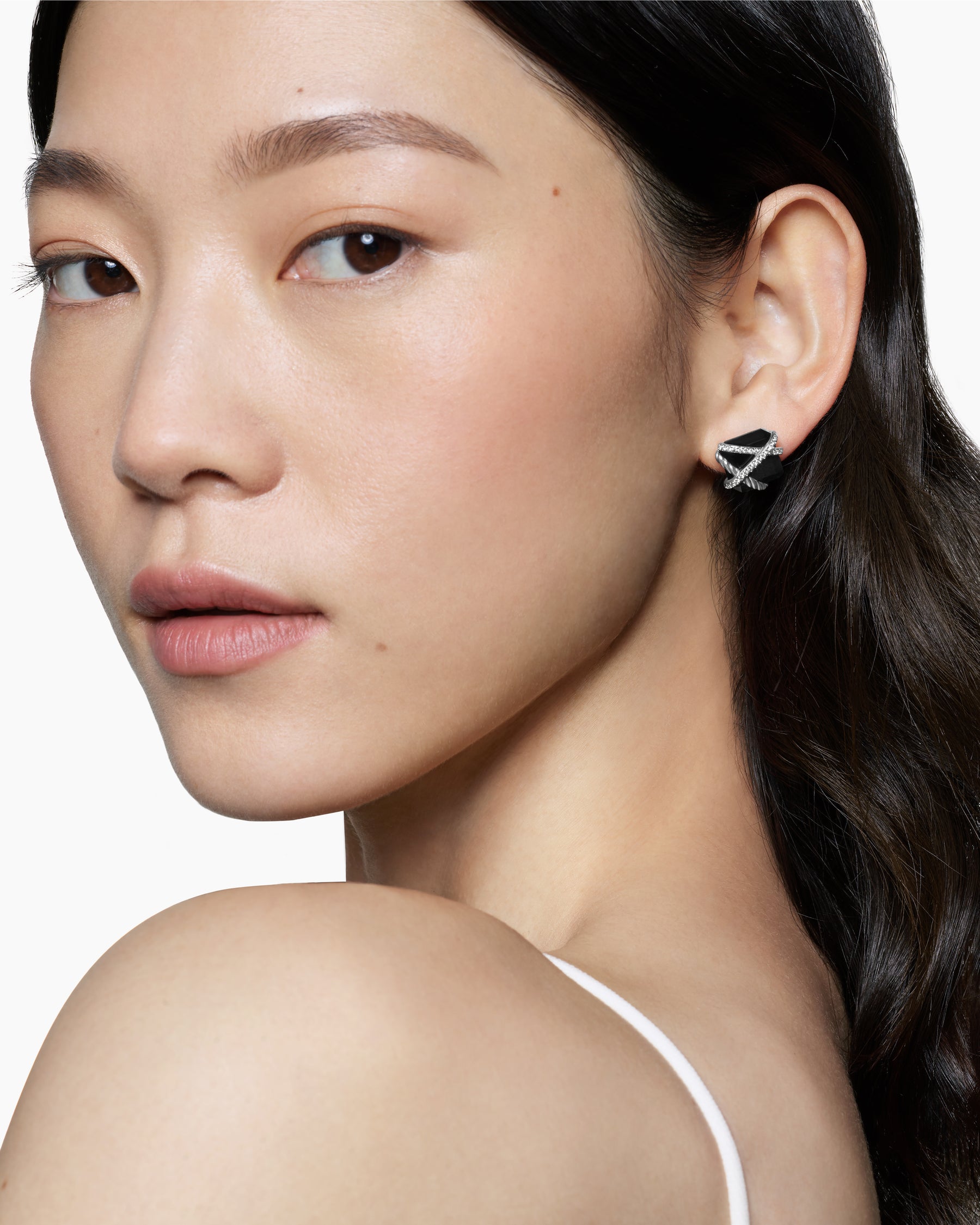 Alternative view of Cable Wrap Stud Earrings in Sterling Silver with Black Onyx and Diamonds, 12mm
