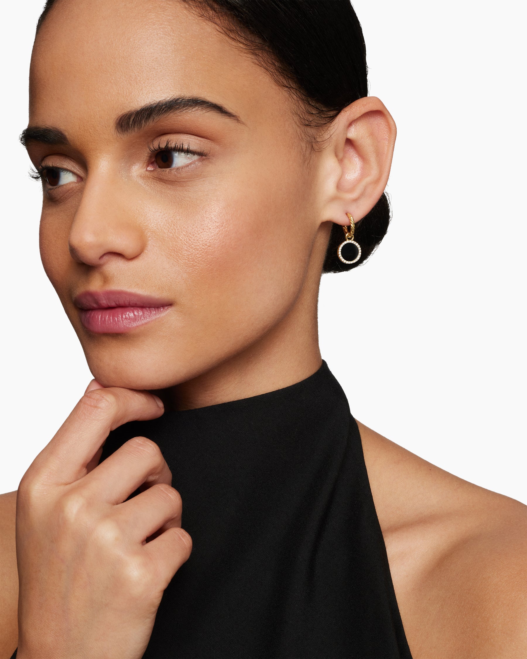 Alternative view of Petite DY Elements Drop Earrings in 18K Yellow Gold with Black Onyx and Diamonds, 22.6mm