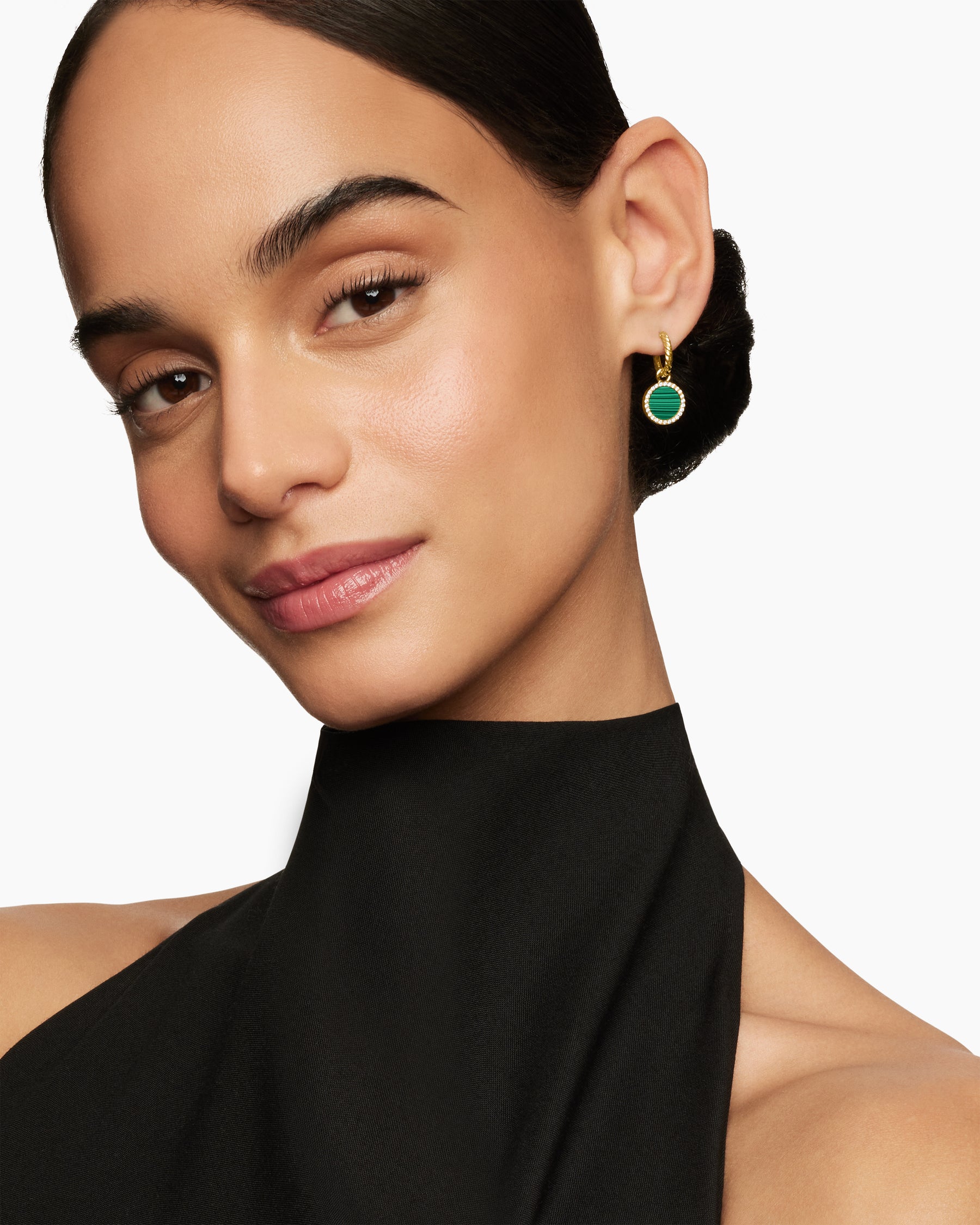 Alternative view of Petite DY Elements Drop Earrings in 18K Yellow Gold with Malachite and Diamonds, 22.6mm