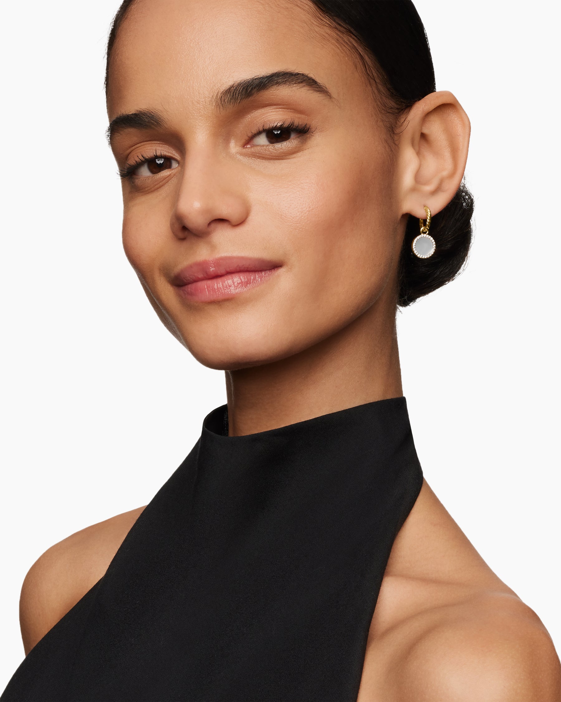 Alternative view of Petite DY Elements Drop Earrings in 18K Yellow Gold with Mother of Pearl and Diamonds, 22.6mm