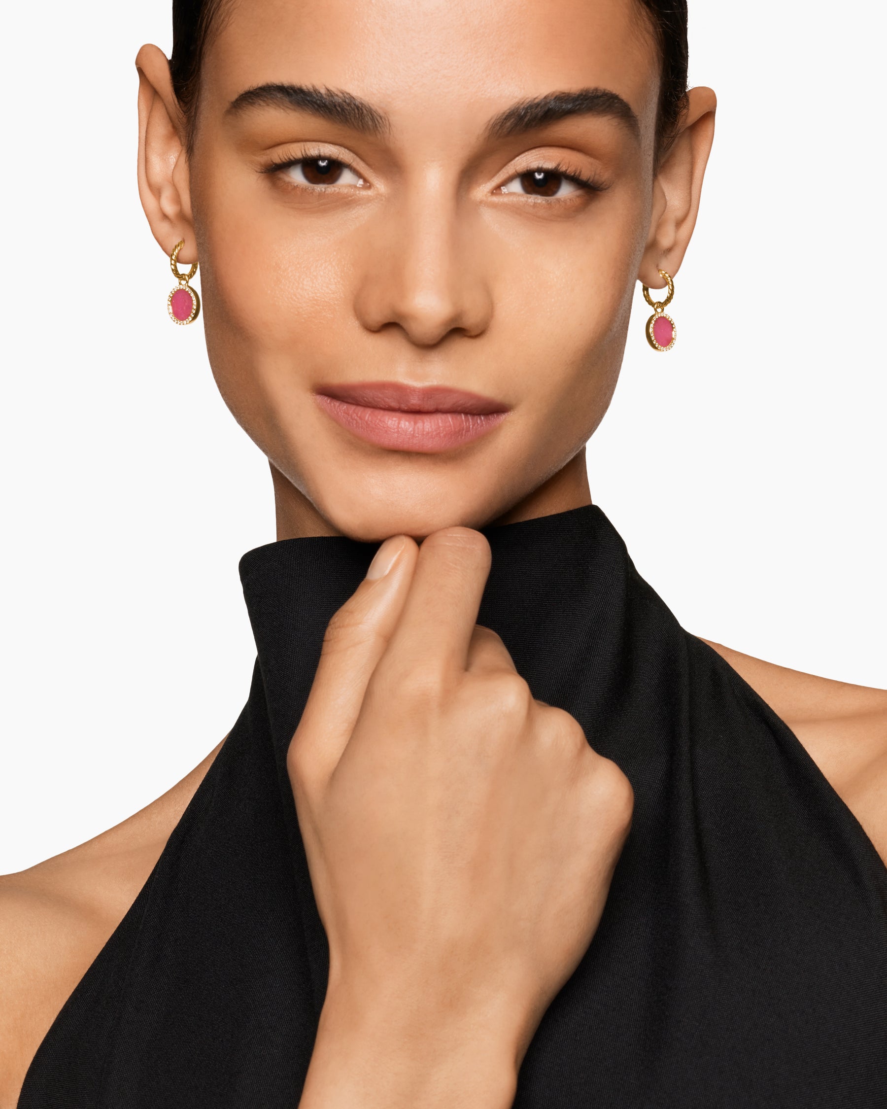 Alternative view of Petite DY Elements Drop Earrings in 18K Yellow Gold with Rhodonite and Diamonds, 22.6mm