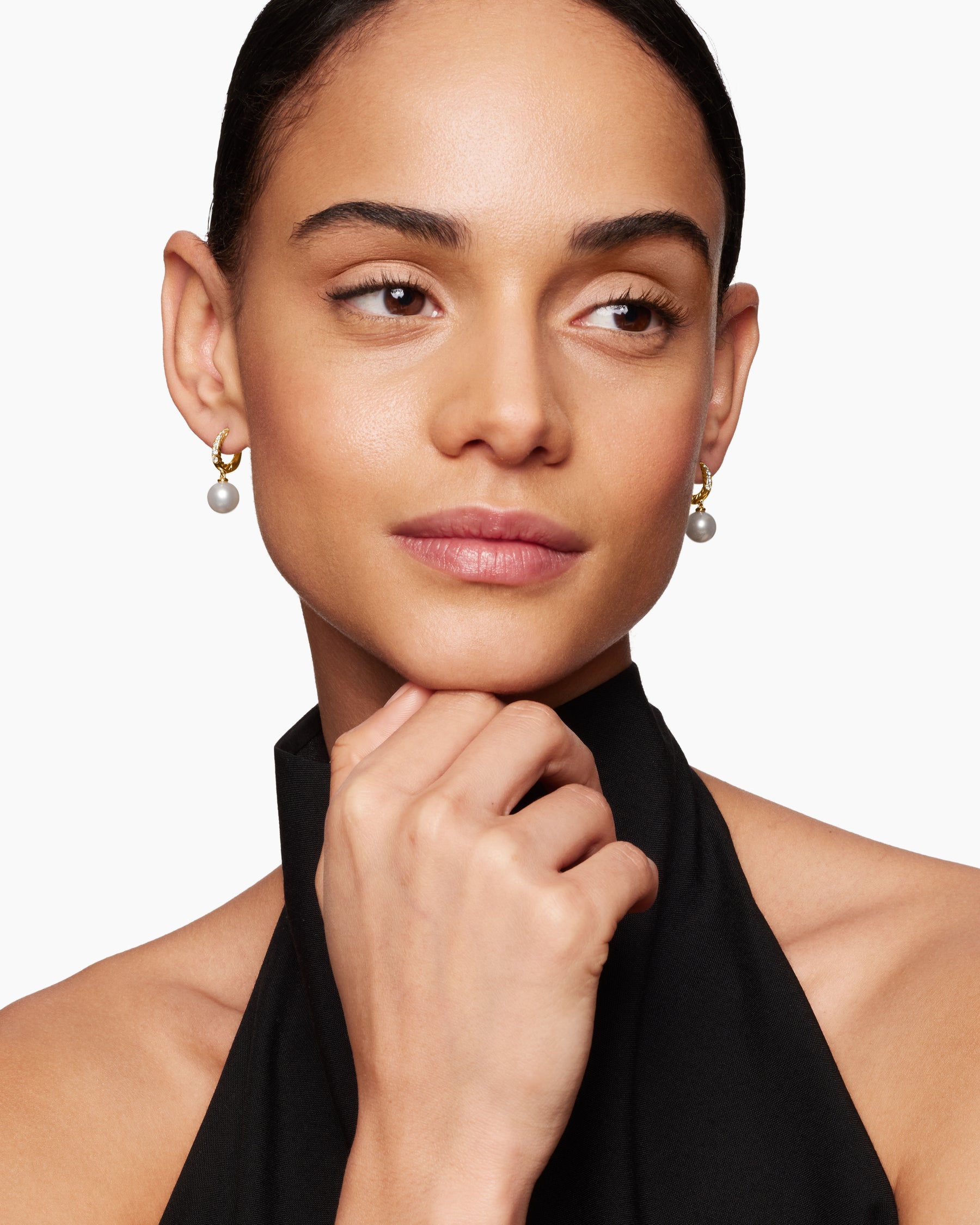 Alternative view of Pearl and Pavé Drop Earrings in 18K Yellow Gold with Pearls and Diamonds, 15.6mm