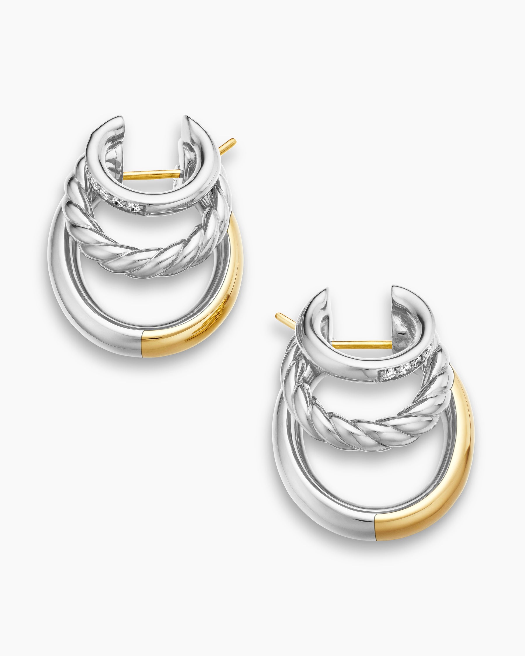 DY Mercer Three Row Hoop Earrings in Sterling Silver with 18K Yellow Gold and Diamonds, 21mm - Image 4
