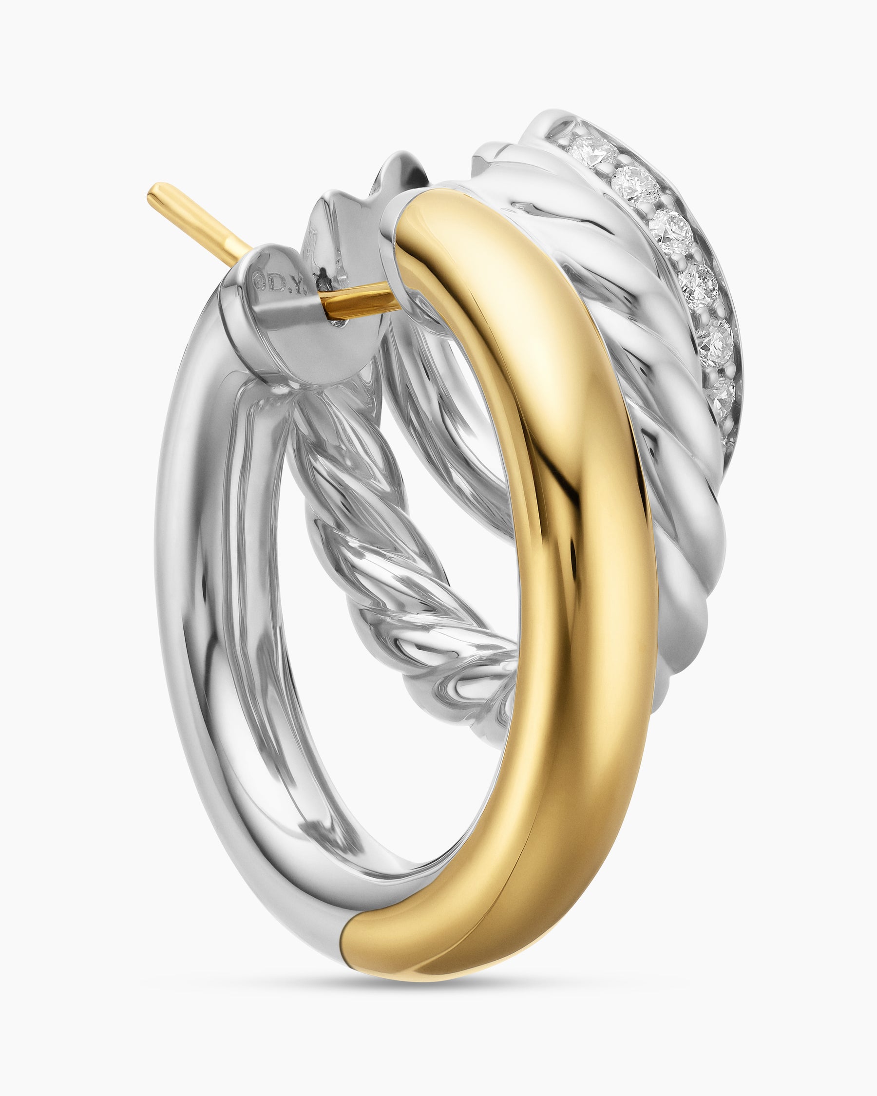DY Mercer Three Row Hoop Earrings in Sterling Silver with 18K Yellow Gold and Diamonds, 21mm - Image 5