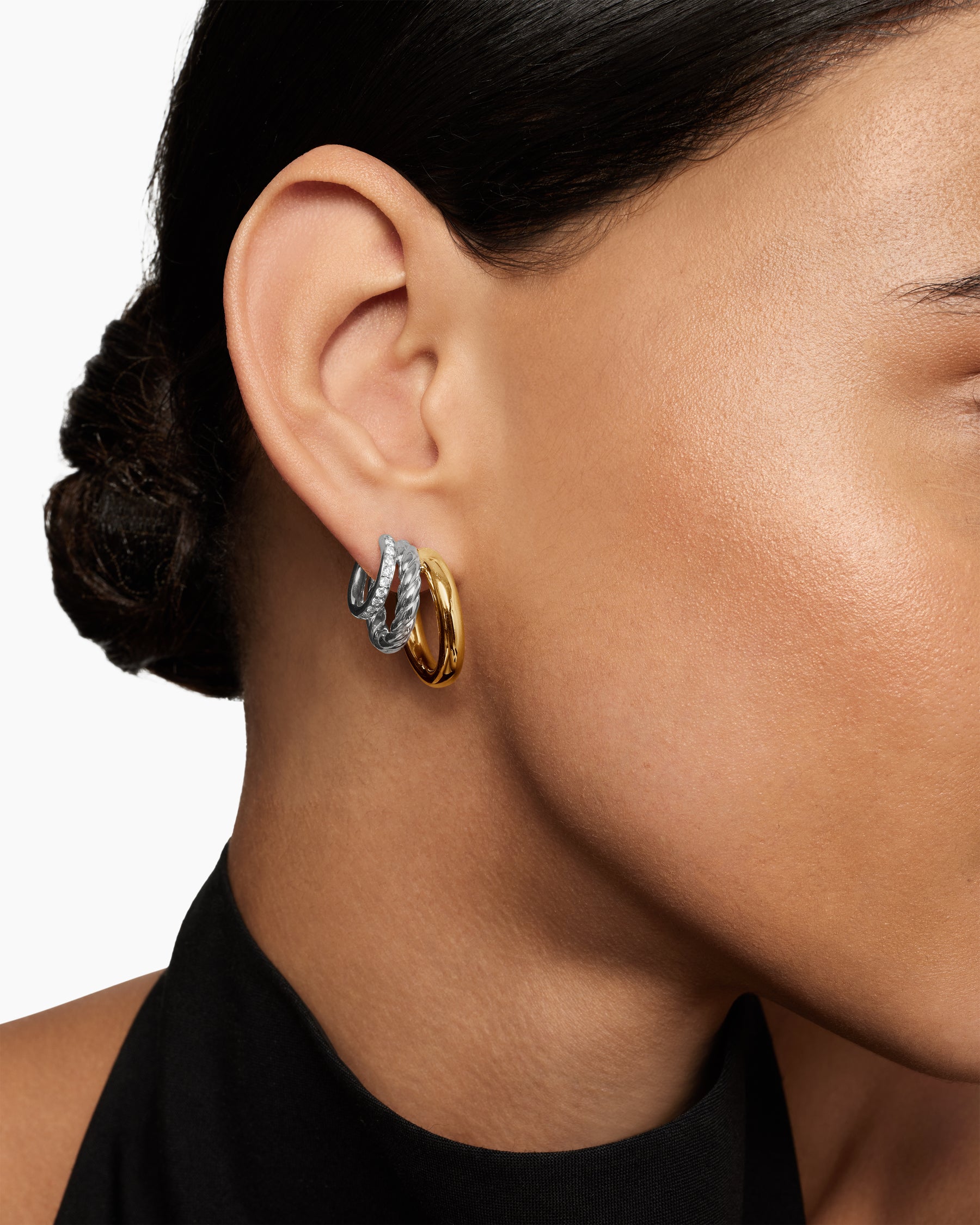 DY Mercer Three Row Hoop Earrings in Sterling Silver with 18K Yellow Gold and Diamonds, 21mm - Image 6