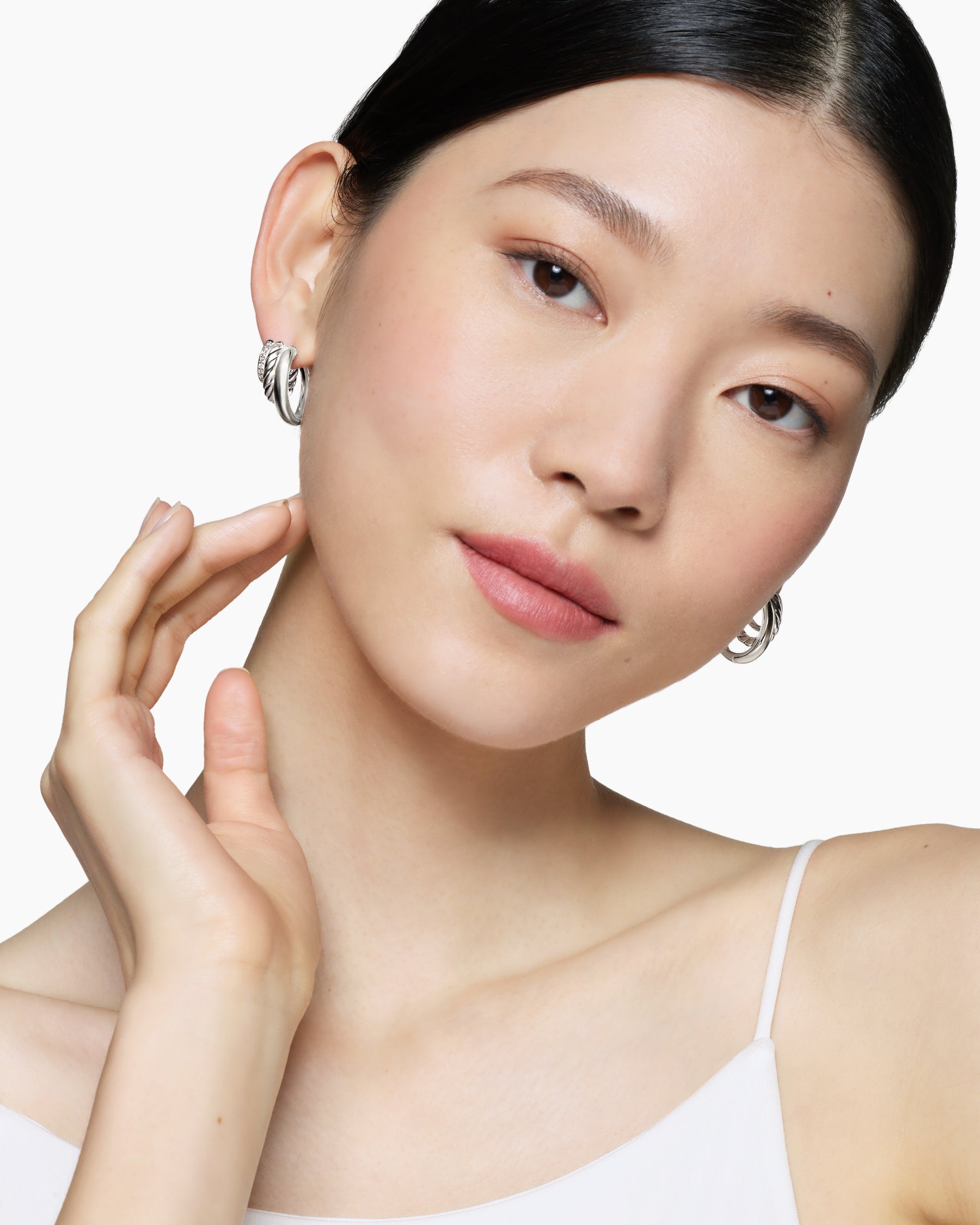 Alternative view of DY Mercer Three Row Hoop Earrings in Sterling Silver with Diamonds, 21mm