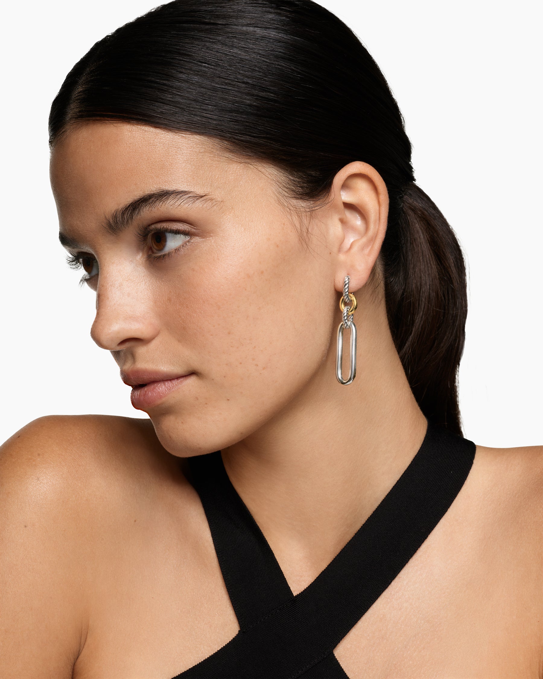 Alternative view of Lexington Double Link Drop Earrings in Sterling Silver with 18K Yellow Gold, 54mm