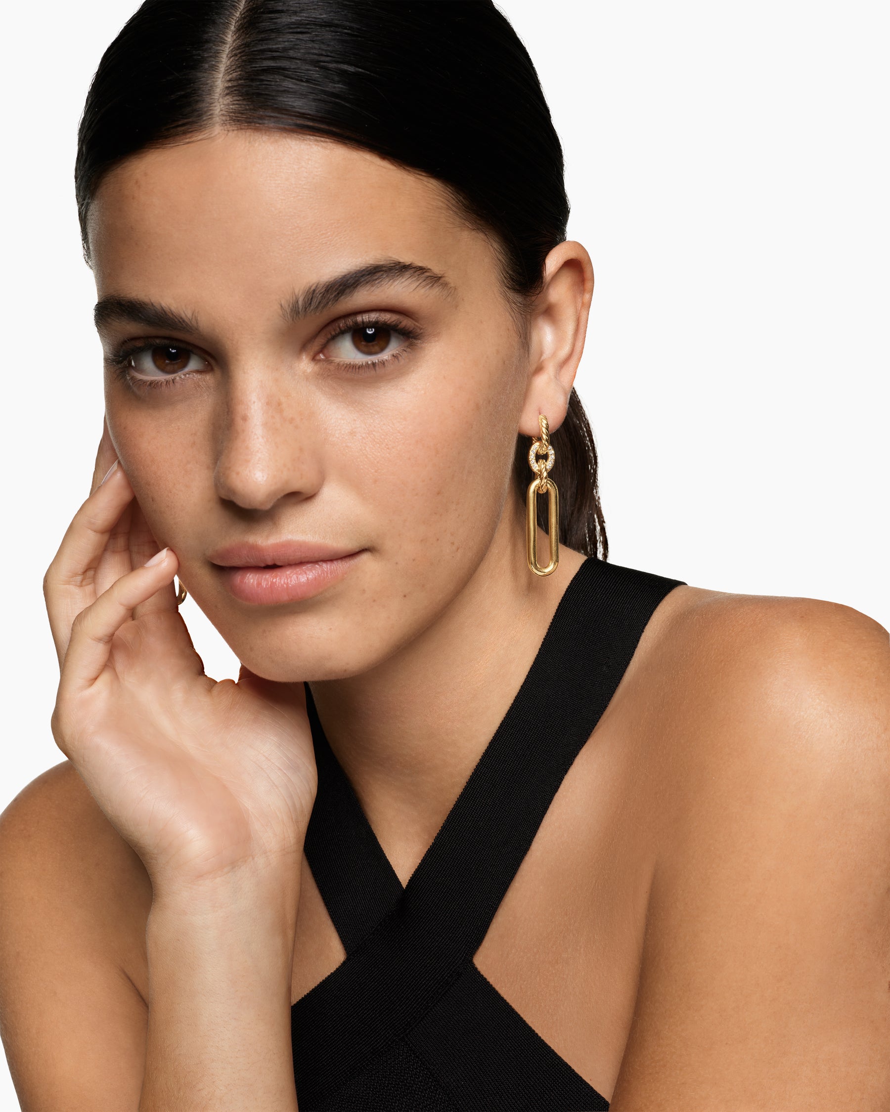 Alternative view of Lexington Double Link Drop Earrings in 18K Yellow Gold with Diamonds, 54mm