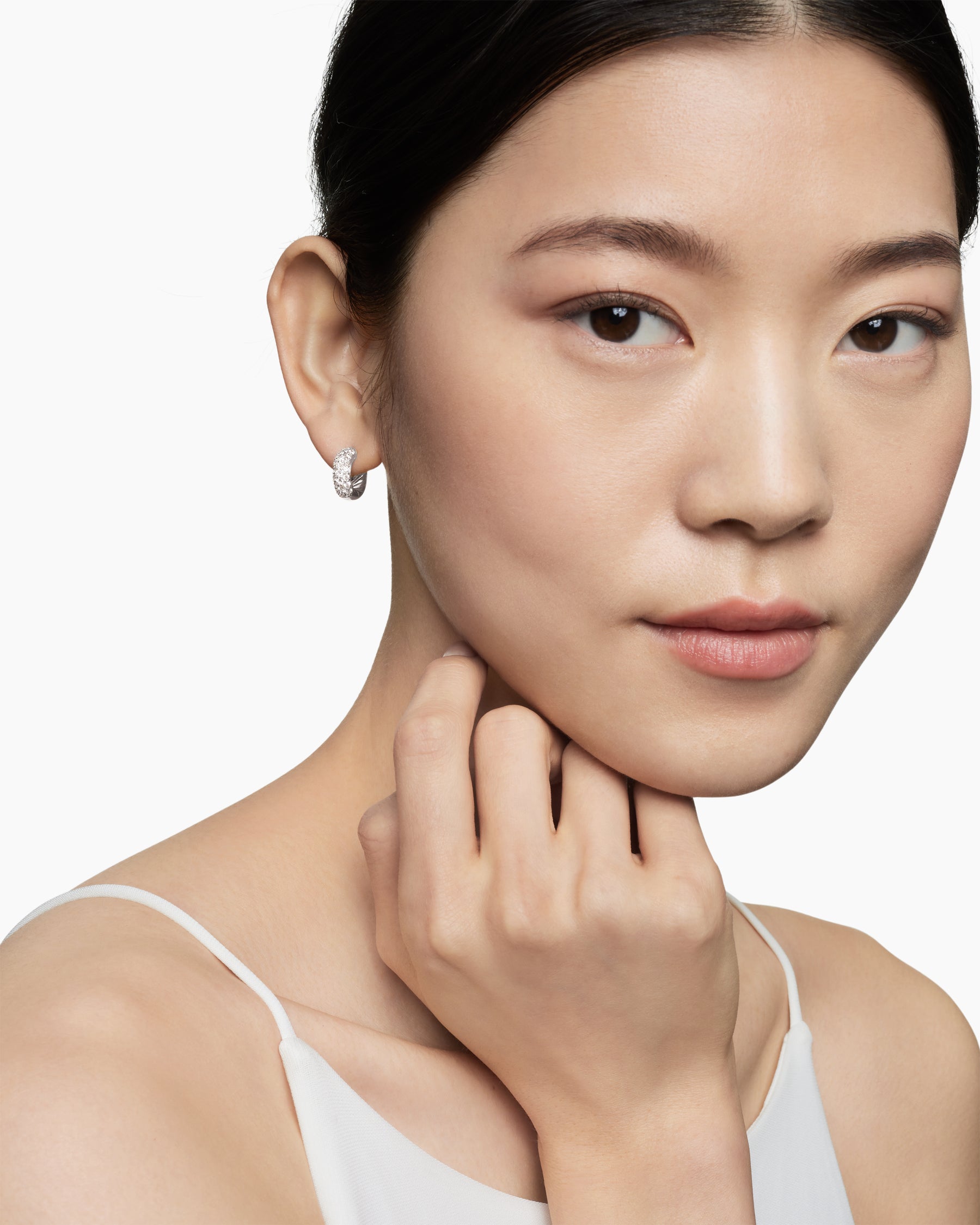 Alternative view of DY Mercer Micro Hoop Earrings in Sterling Silver with Diamonds, 13.5mm