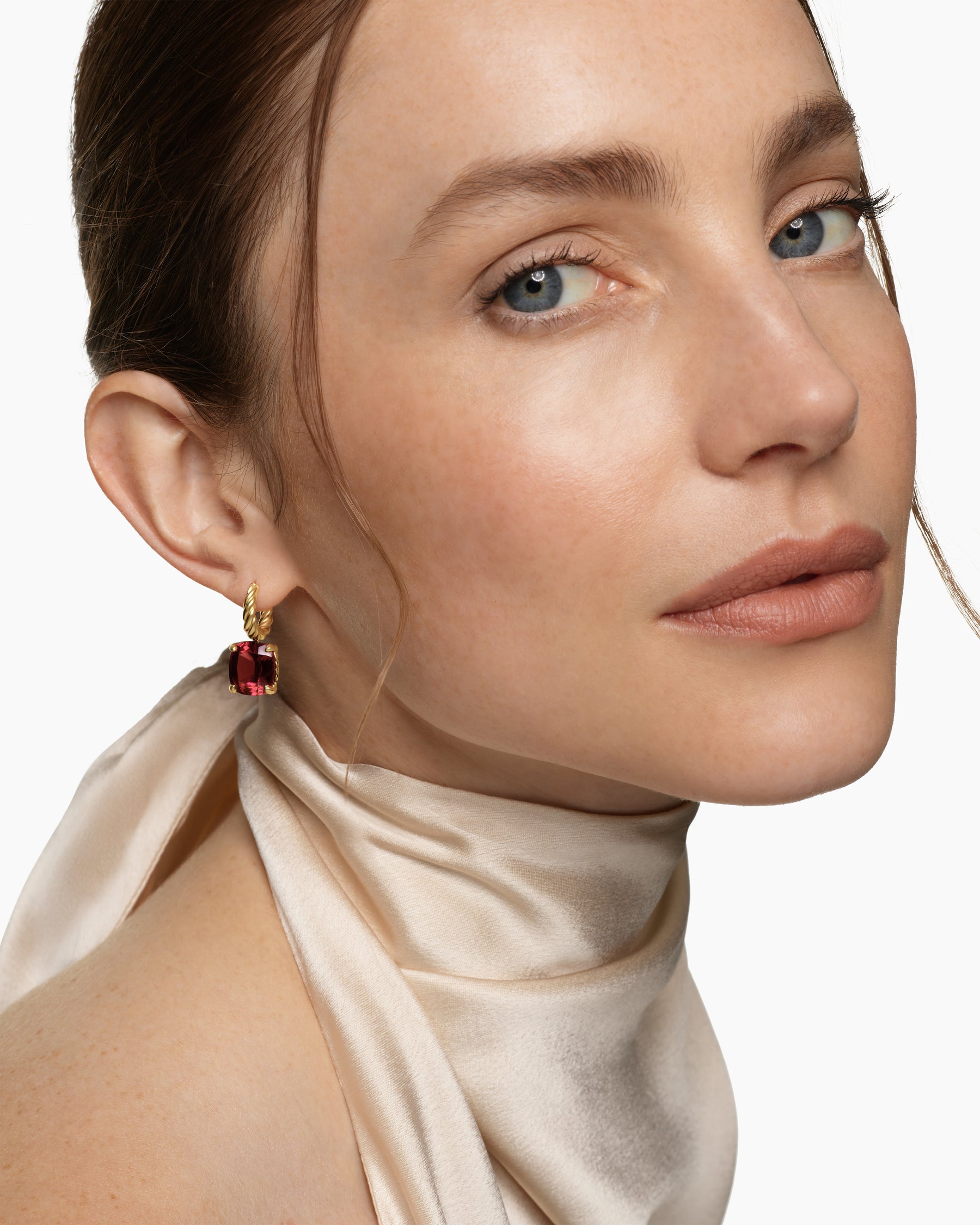 Alternative view of Marbella Drop Earrings in 18K Yellow Gold with Rhodolite Garnet, 11mm