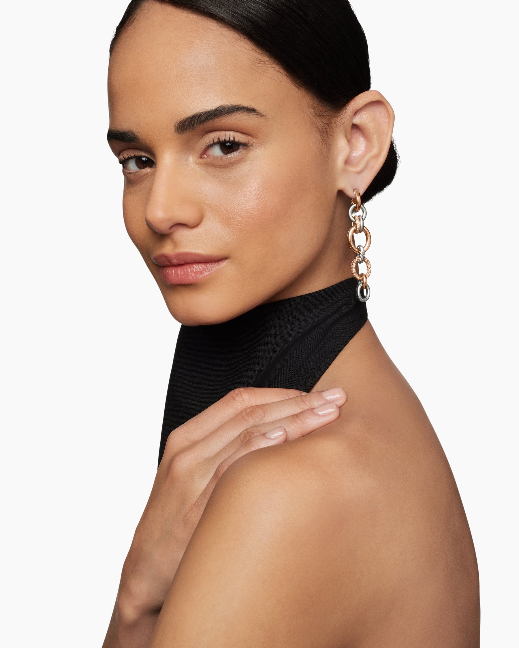 Alternative view of DY Mercer Melange Linked Drop Earrings in Sterling Silver with 18K Rose Gold and Diamonds, 68mm