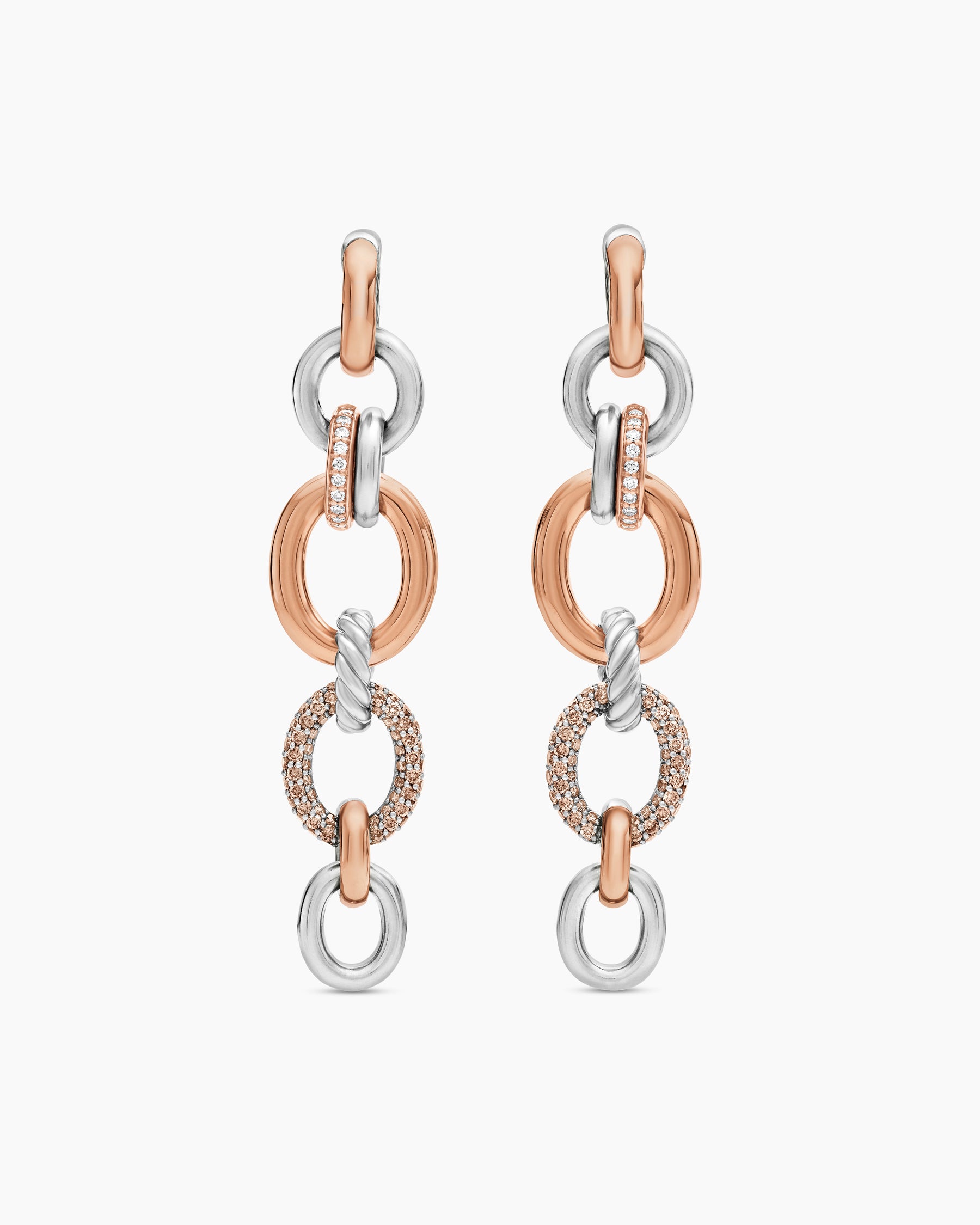 DY Mercer Melange Linked Drop Earrings in Sterling Silver with 18K Rose Gold and Diamonds, 68mm