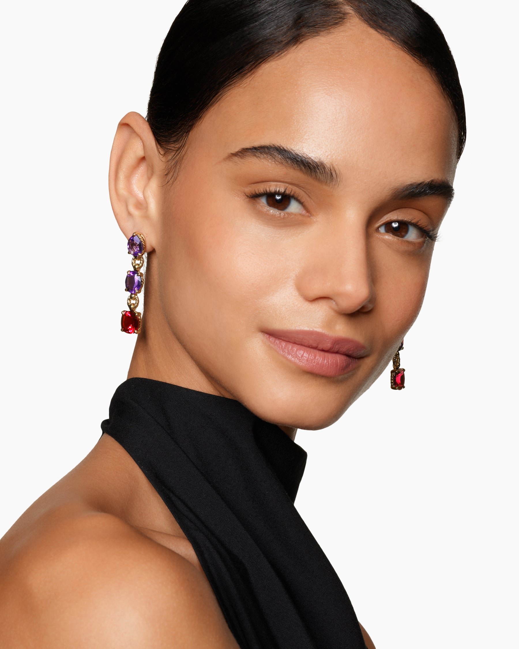 Marbella Drop Earrings in 18K Yellow Gold with Amethyst and Rhodolite Garnet, 51mm - Image 2