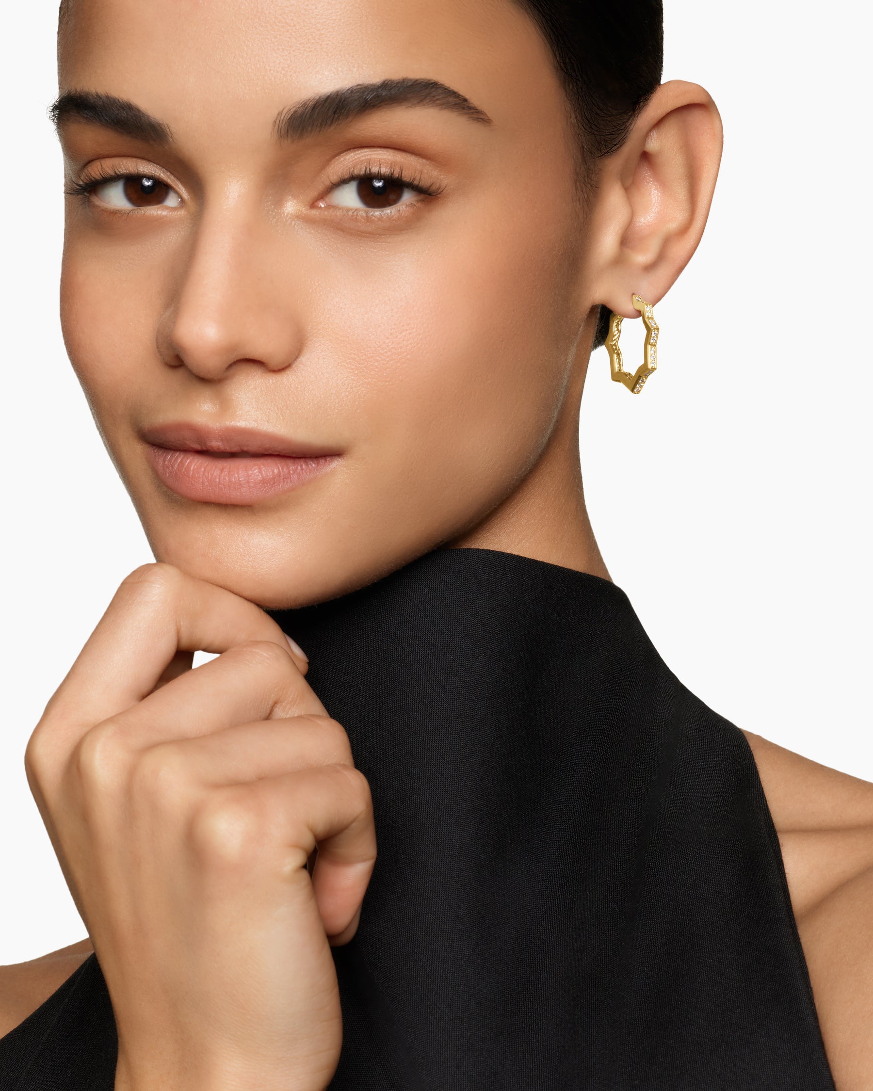 Alternative view of Zig Zag Stax Hoop Earrings in 18K Yellow Gold with Diamonds, 22.8mm