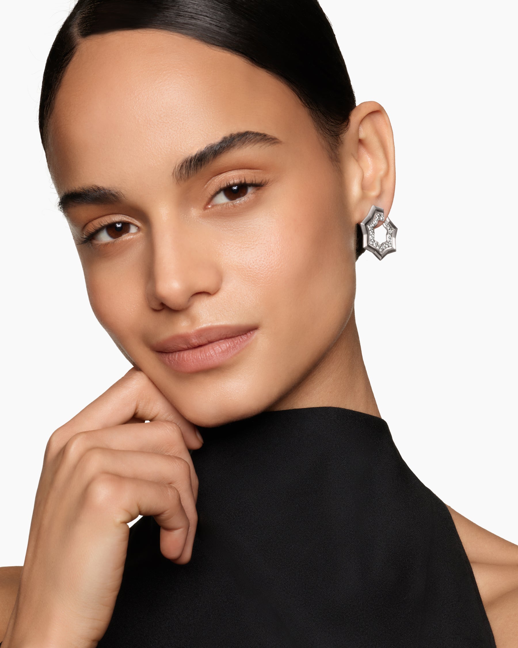 Alternative view of Zig Zag Stax Two Row Hoop Earrings in Sterling Silver with Diamonds, 27mm