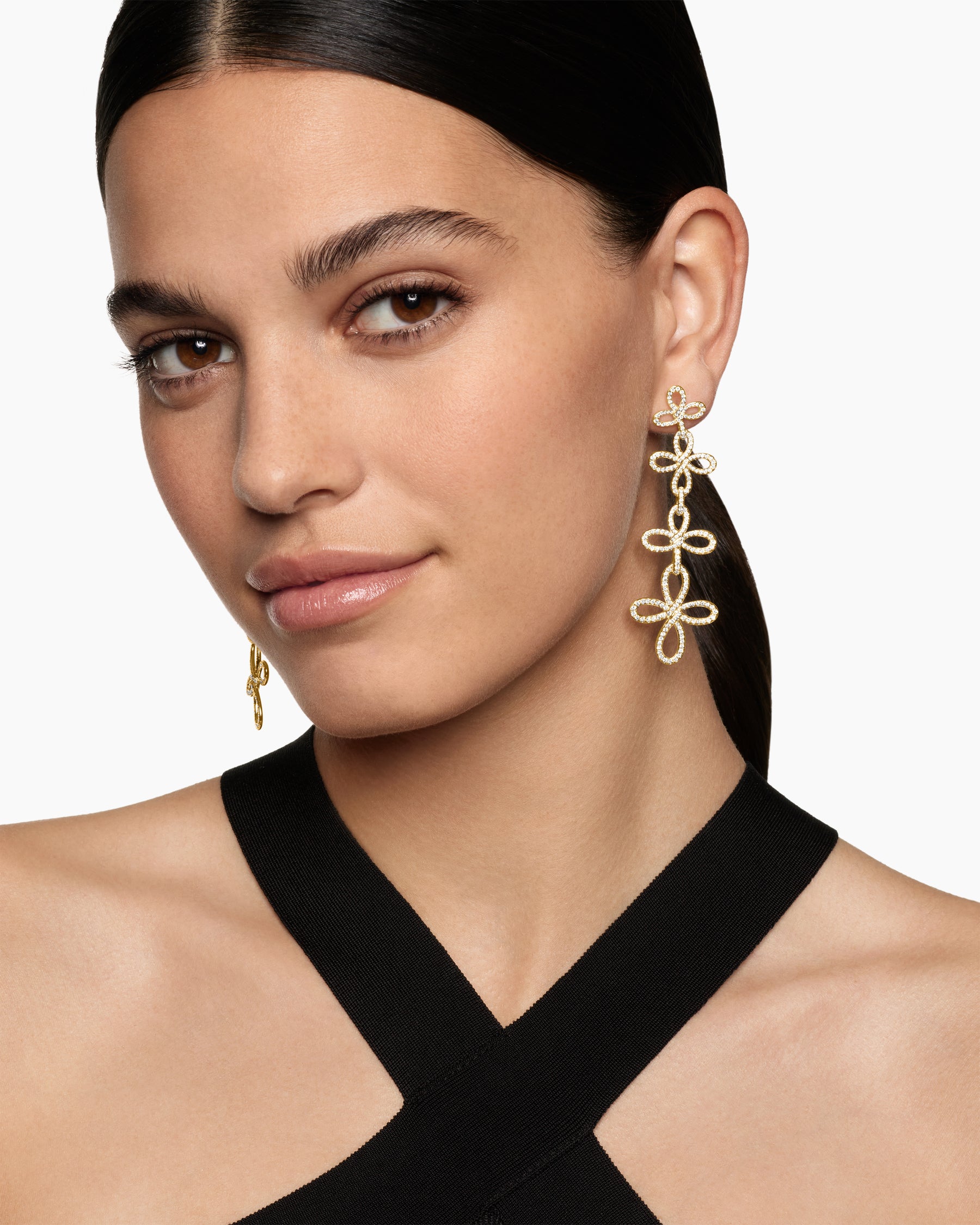Alternative view of Wisteria Statement Drop Earrings in 18K Yellow Gold with Diamonds, 88.7mm
