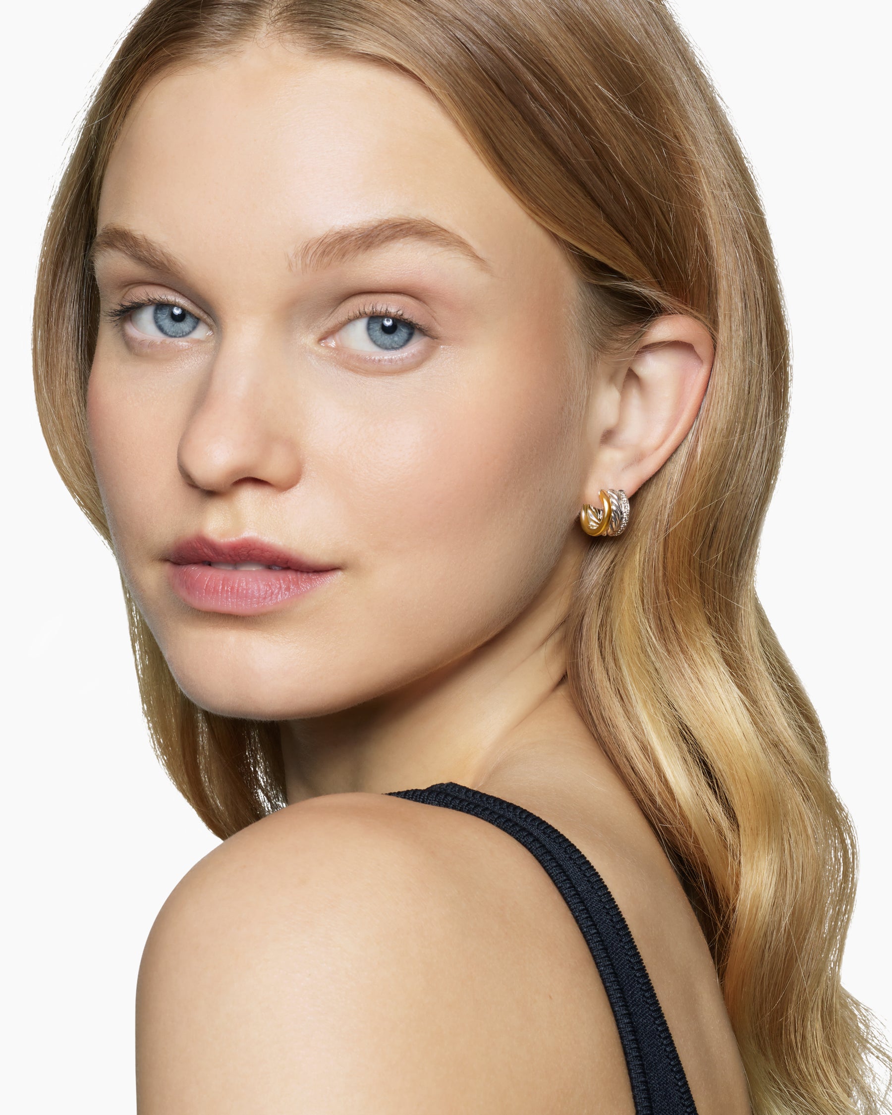Alternative view of DY Mercer Huggie Hoop Earrings in Sterling Silver with 18K Yellow Gold and Diamonds, 14mm