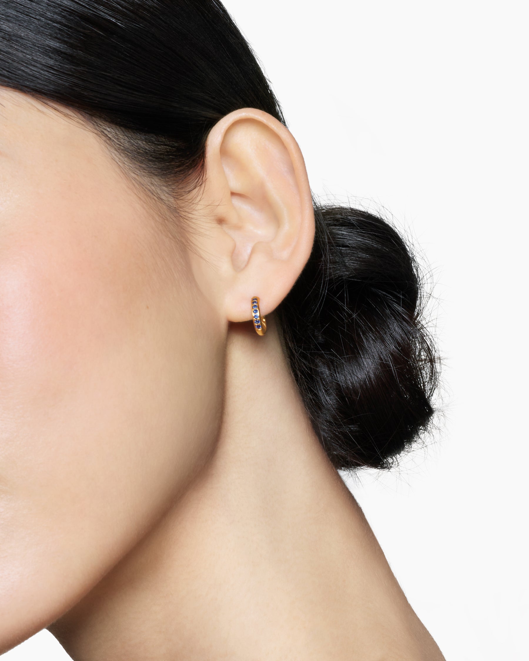 Petite Pavé Huggie Hoop Earrings in 18K Yellow Gold with Blue Sapphires, 12mm - Image 2