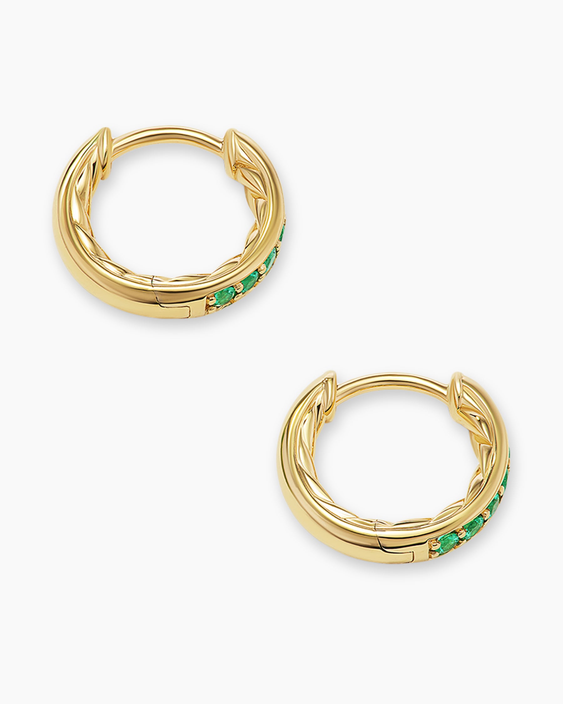 Petite Pavé Huggie Hoop Earrings in 18K Yellow Gold with Emeralds, 12mm - Image 4