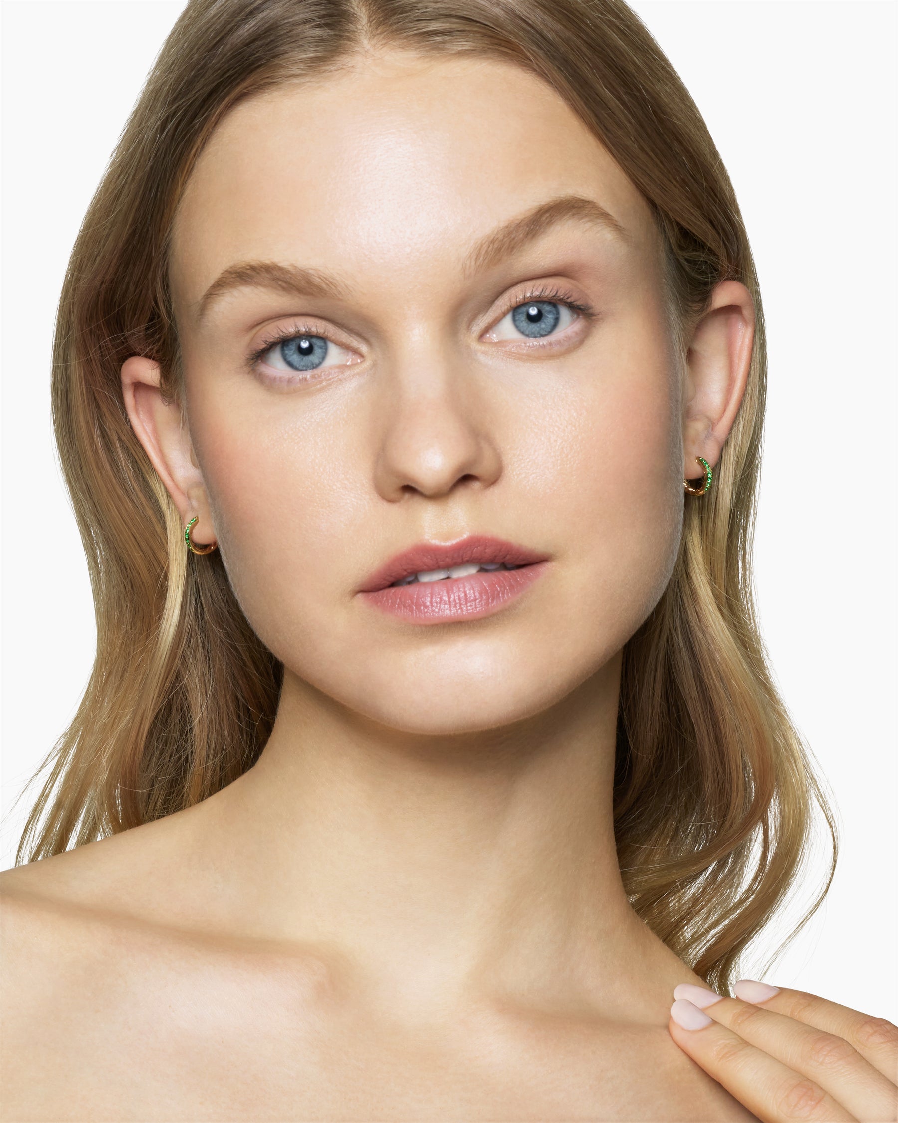Alternative view of Petite Pavé Huggie Hoop Earrings in 18K Yellow Gold with Emeralds, 12mm