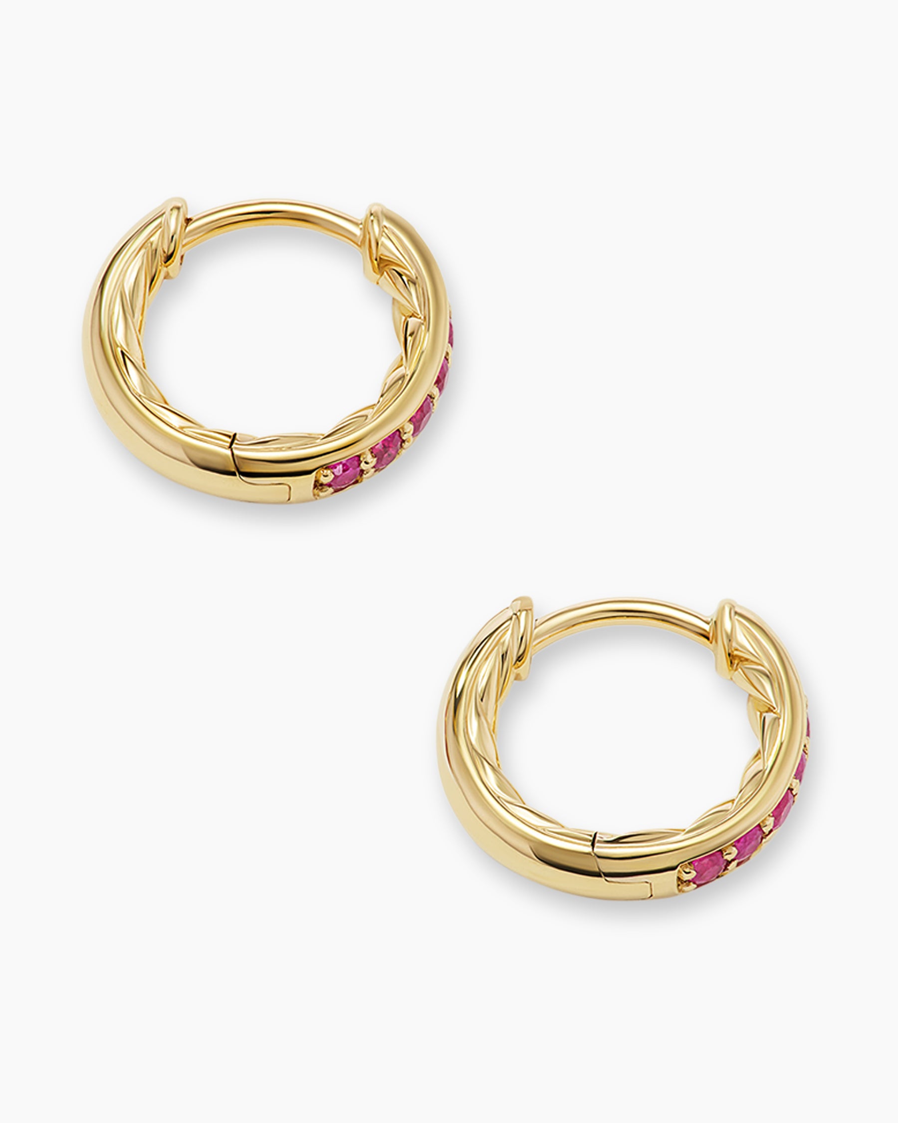 Petite Pavé Huggie Hoop Earrings in 18K Yellow Gold with Rubies, 12mm - Image 4
