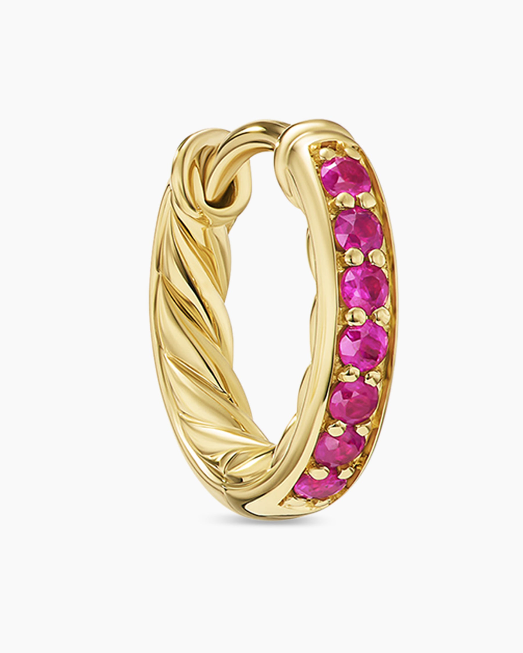 Petite Pavé Huggie Hoop Earrings in 18K Yellow Gold with Rubies, 12mm - Image 5