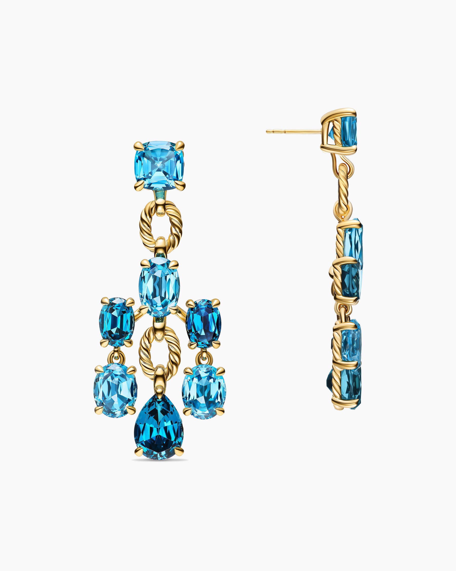 Marbella Chandelier Earrings in 18K Yellow Gold with Blue Topaz and Hampton Blue Topaz, 57mm - Image 3