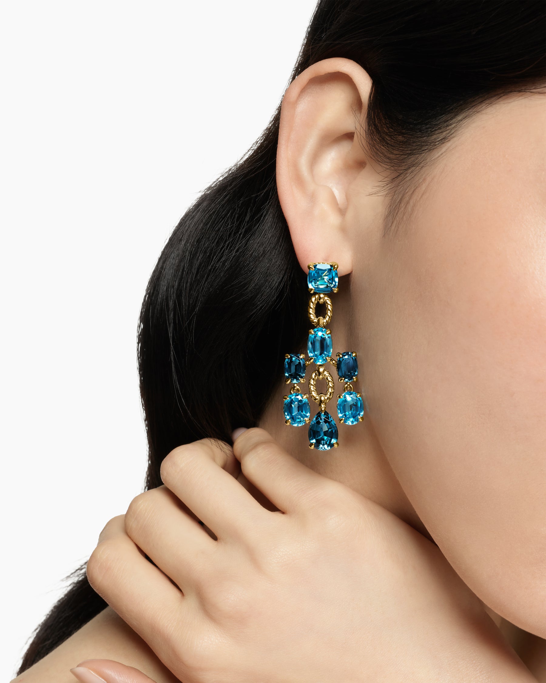 Alternative view of Marbella Chandelier Earrings in 18K Yellow Gold with Blue Topaz and Hampton Blue Topaz, 57mm