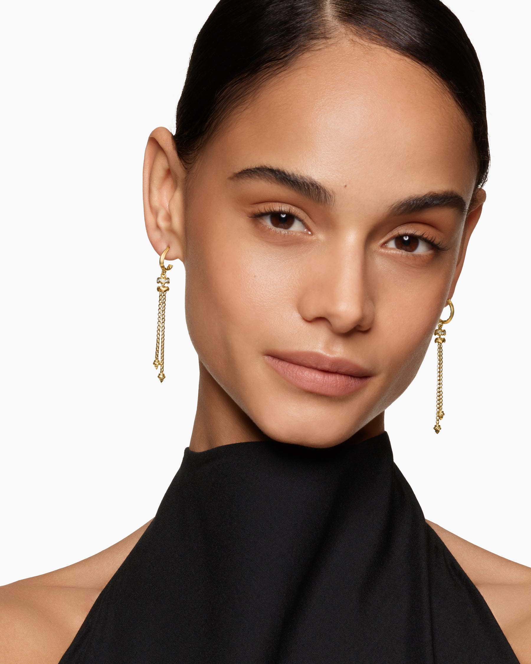 Alternative view of Zig Zag Stax Chain Drop Earrings in 18K Yellow Gold with Diamonds, 66mm