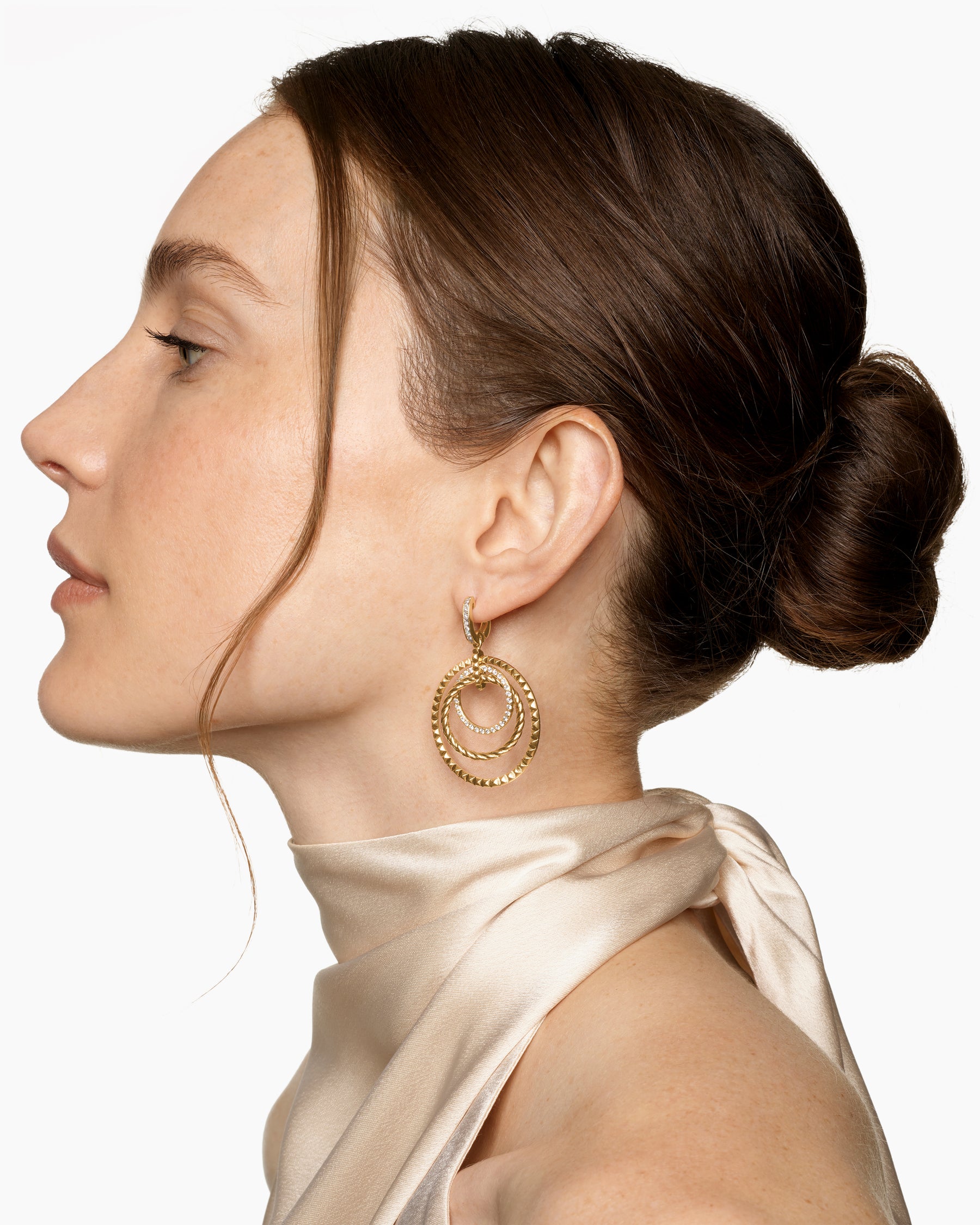 Alternative view of Crossover Trio Drop Earrings in 18K Yellow Gold with Diamonds, 35mm
