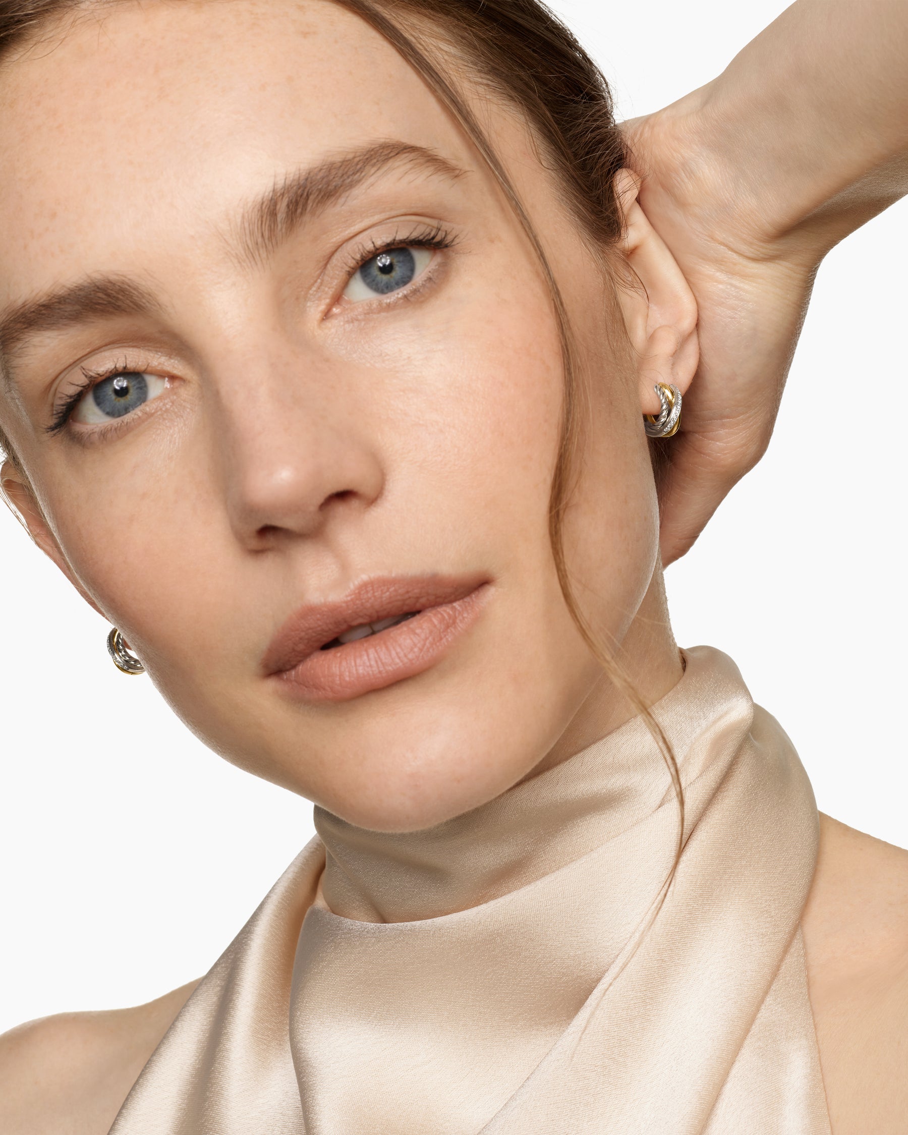 Alternative view of Crossover Three Row Huggie Hoop Earrings in Sterling Silver with 18K Yellow Gold, 13mm