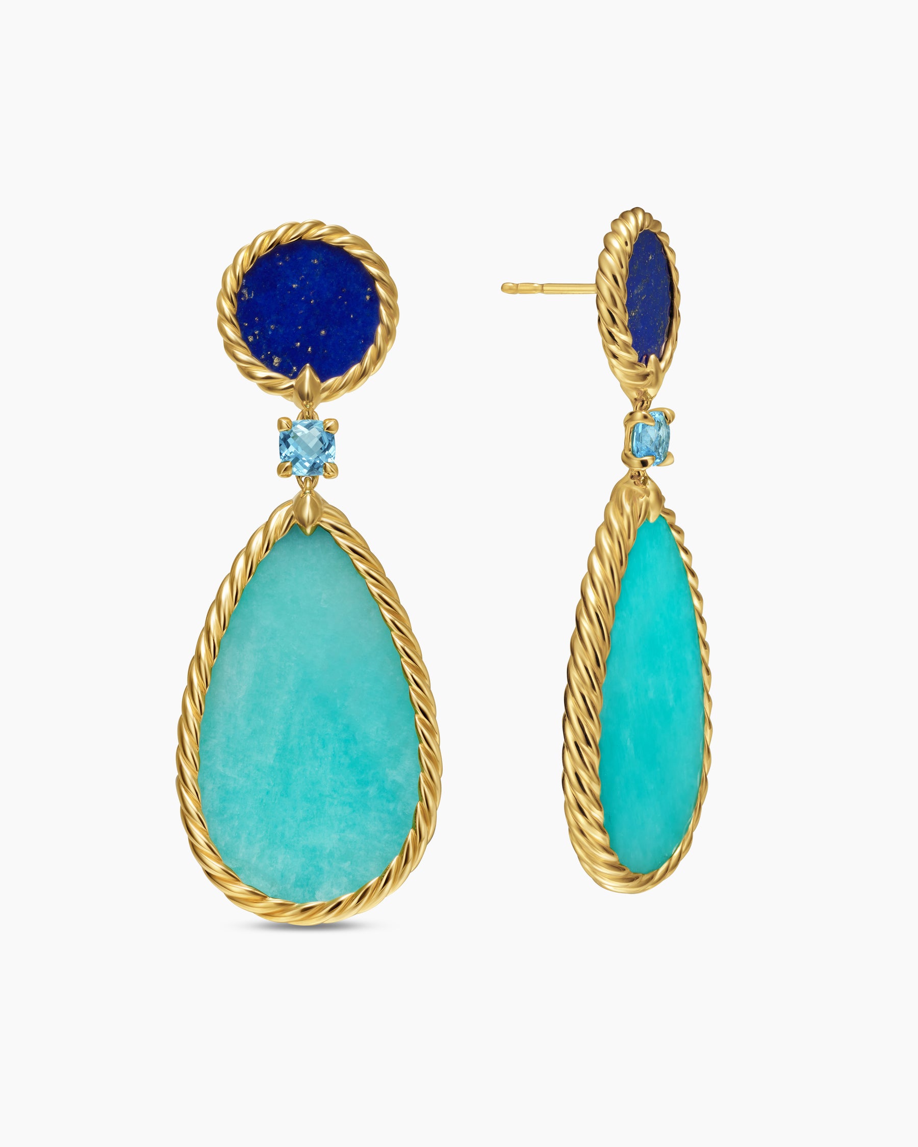 DY Elements Statement Drop Earrings in 18K Yellow Gold with Amazonite, Lapis Lazuli and Blue Topaz, 56mm - Image 3