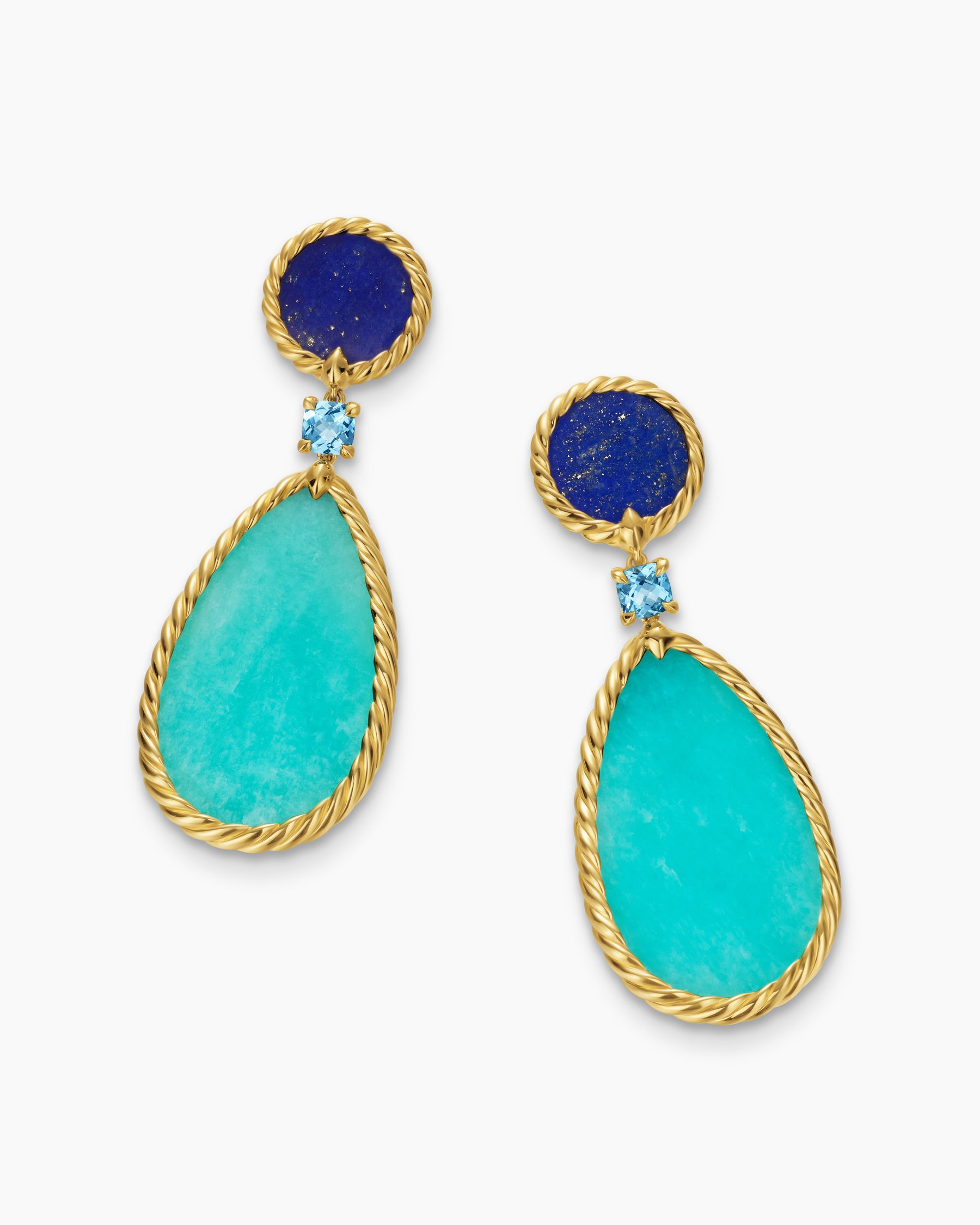 DY Elements Statement Drop Earrings in 18K Yellow Gold with Amazonite, Lapis Lazuli and Blue Topaz, 56mm - Image 5