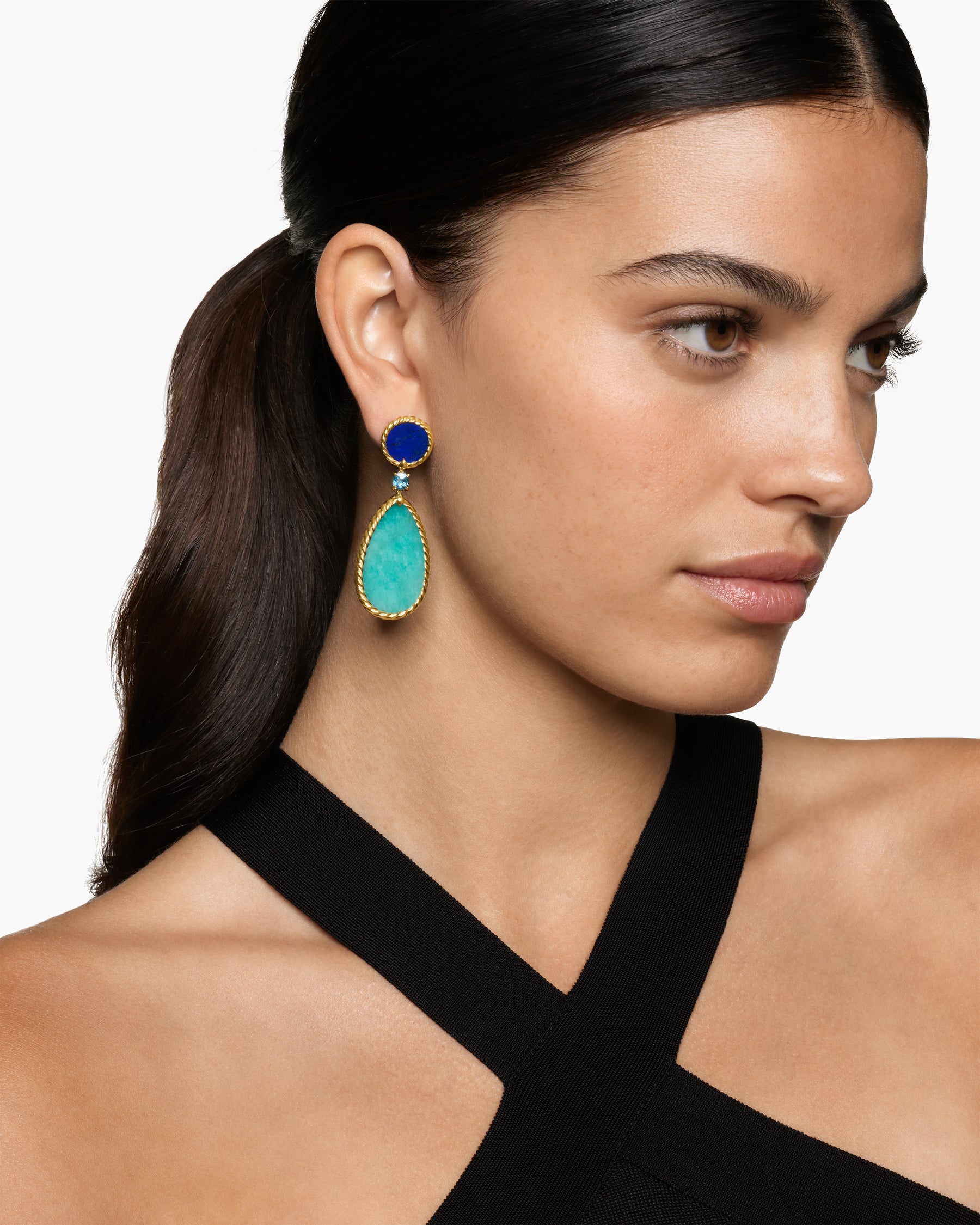 Alternative view of DY Elements Statement Drop Earrings in 18K Yellow Gold with Amazonite, Lapis Lazuli and Blue Topaz, 56mm