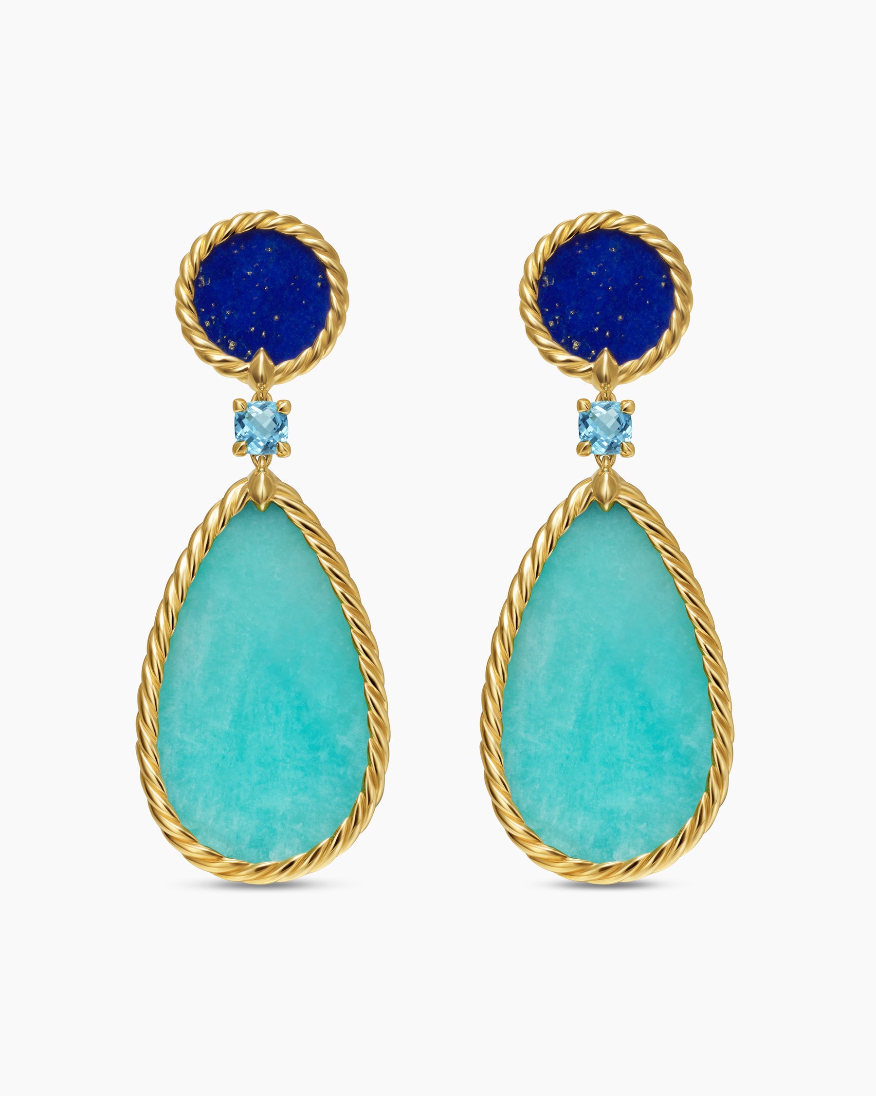 DY Elements Statement Drop Earrings in 18K Yellow Gold with Amazonite, Lapis Lazuli and Blue Topaz, 56mm