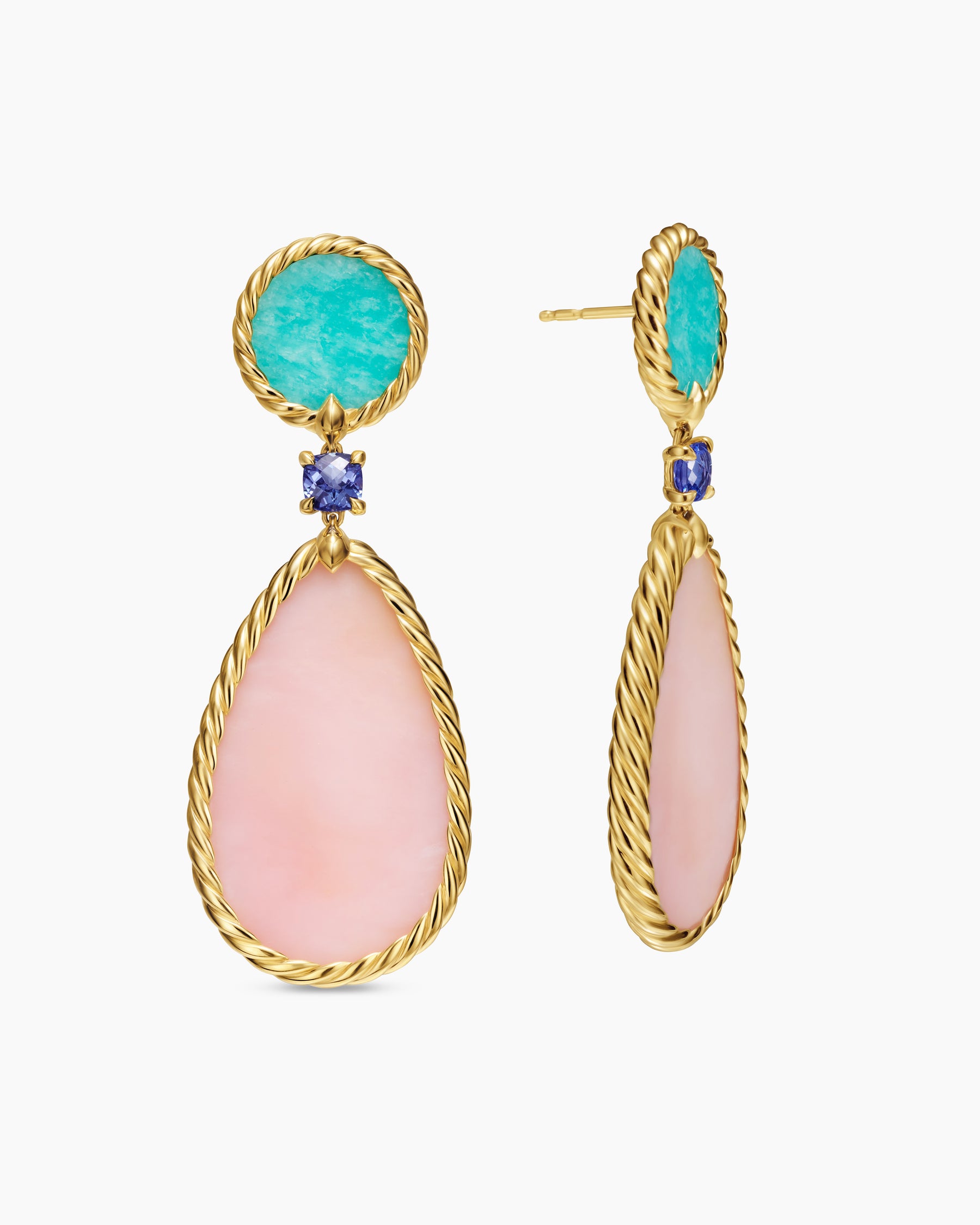DY Elements Statement Drop Earrings in 18K Yellow Gold with Pink Opal, Amazonite and Tanzanite, 56mm - Image 3
