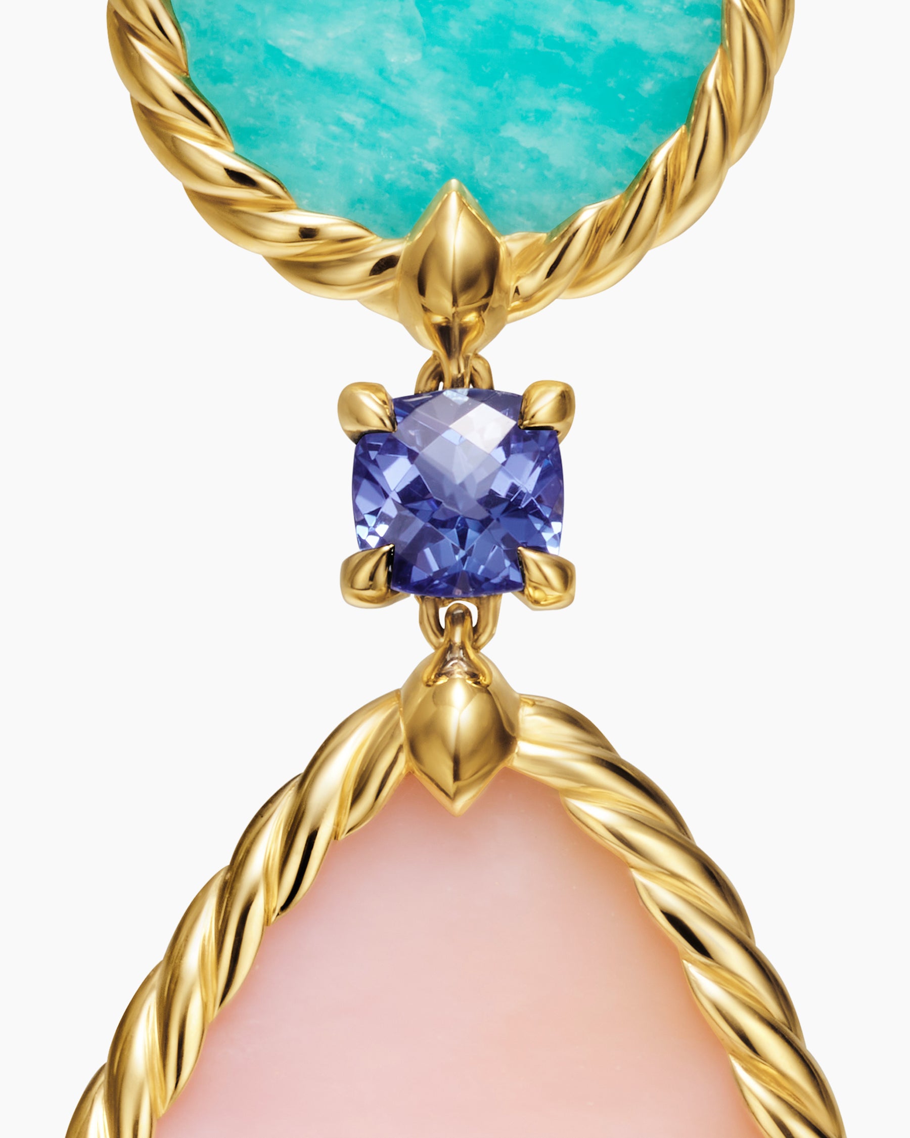 DY Elements Statement Drop Earrings in 18K Yellow Gold with Pink Opal, Amazonite and Tanzanite, 56mm - Image 4
