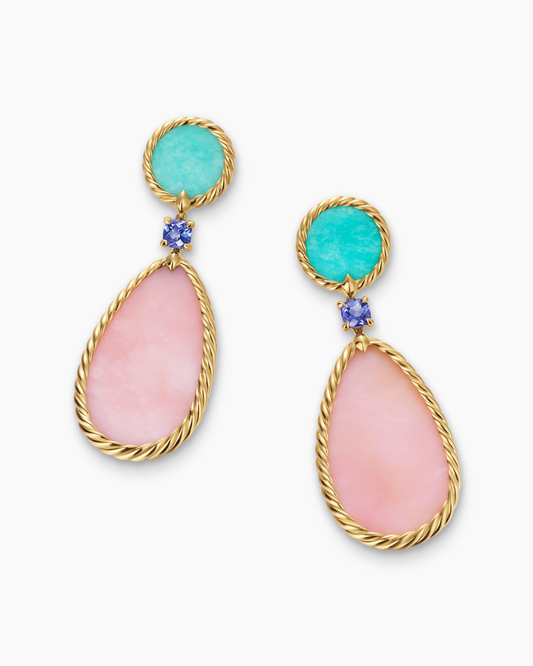 DY Elements Statement Drop Earrings in 18K Yellow Gold with Pink Opal, Amazonite and Tanzanite, 56mm - Image 5