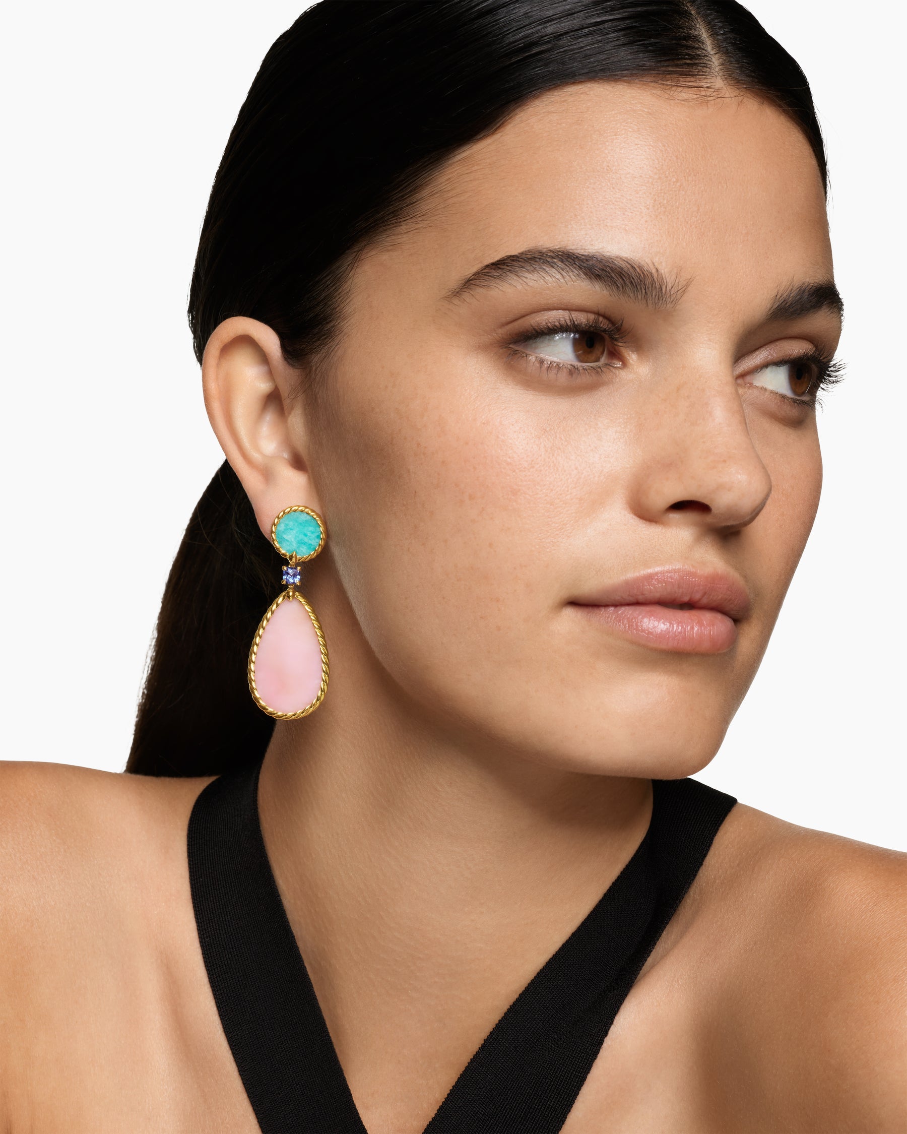 Alternative view of DY Elements Statement Drop Earrings in 18K Yellow Gold with Pink Opal, Amazonite and Tanzanite, 56mm