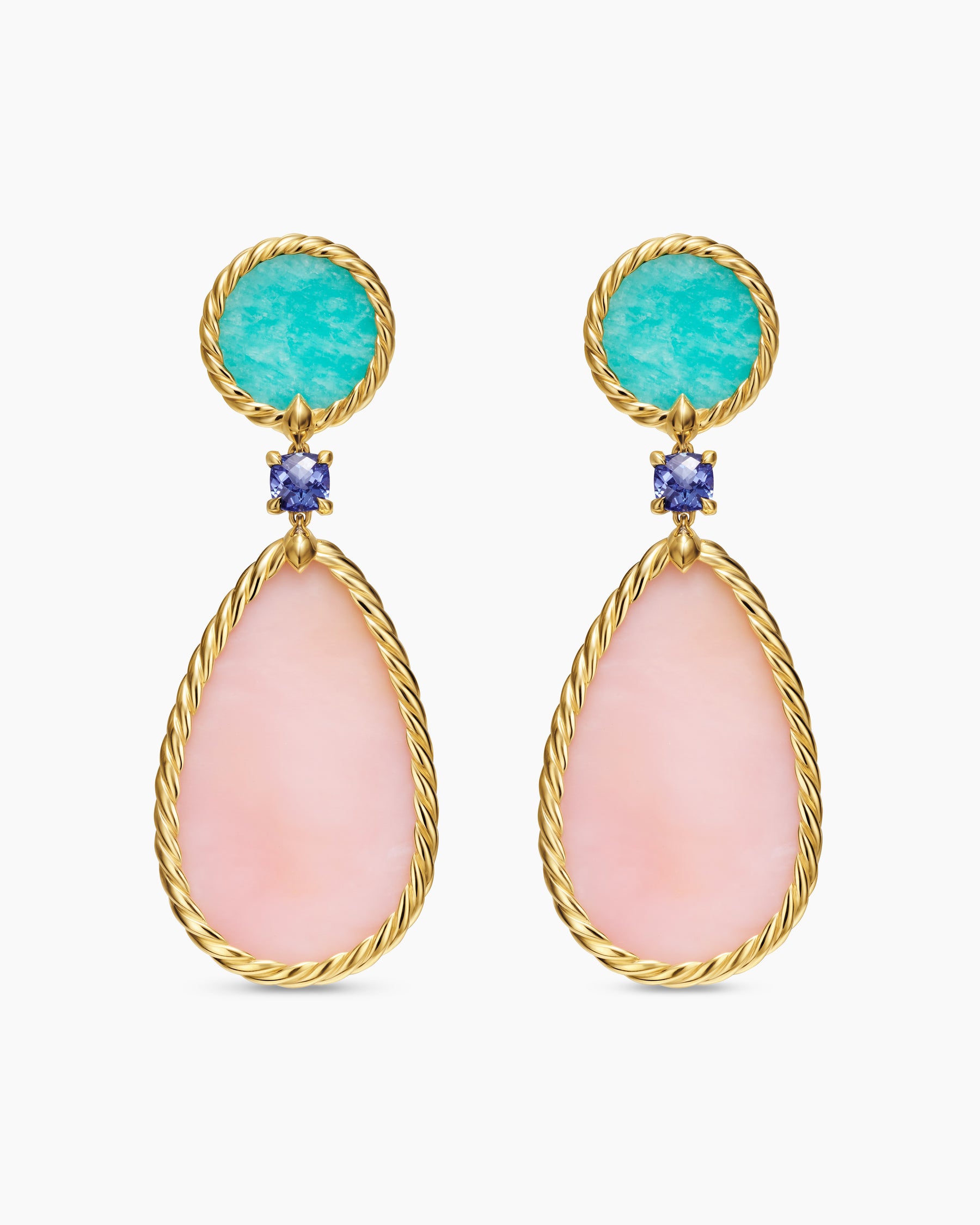 DY Elements Statement Drop Earrings in 18K Yellow Gold with Pink Opal, Amazonite and Tanzanite, 56mm