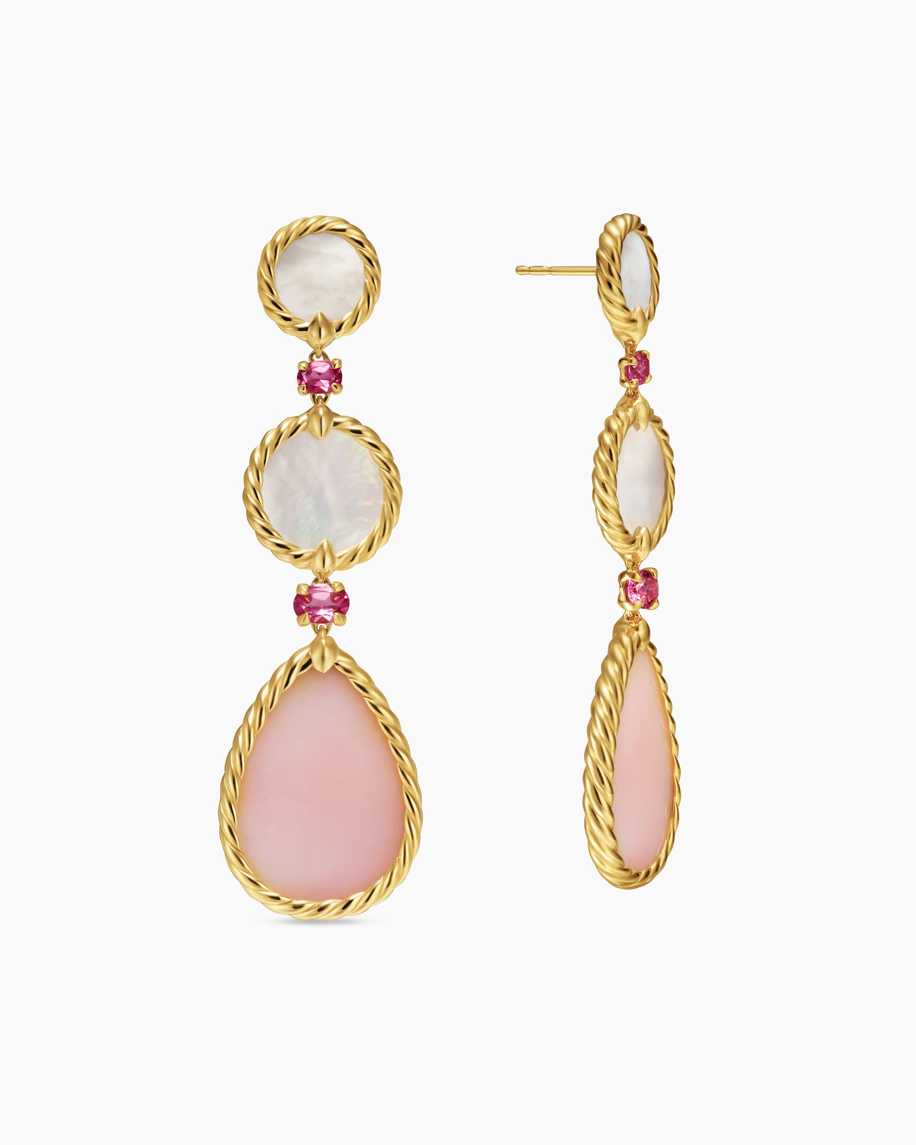 DY Elements Statement Drop Earrings in 18K Yellow Gold with Pink Opal, Mother of Pearl and Pink Tourmaline, 70mm - Image 3