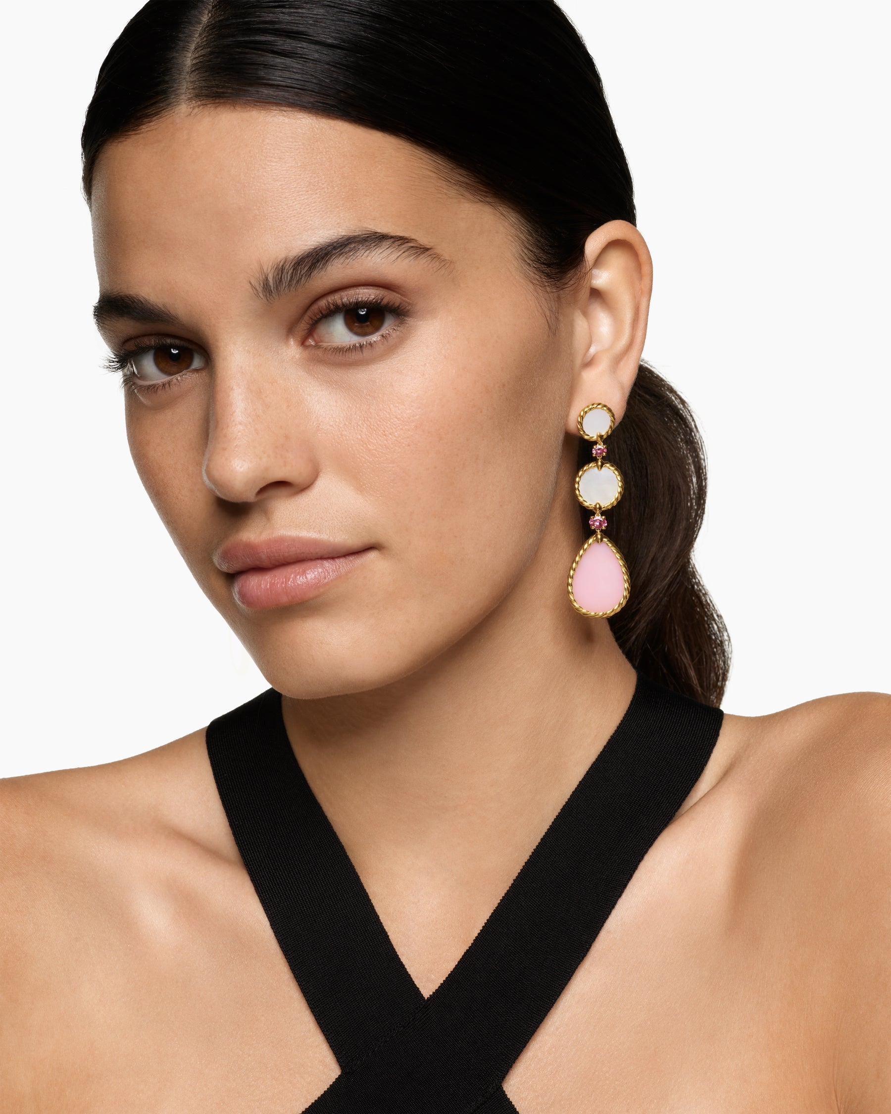 Alternative view of DY Elements Statement Drop Earrings in 18K Yellow Gold with Pink Opal, Mother of Pearl and Pink Tourmaline, 70mm
