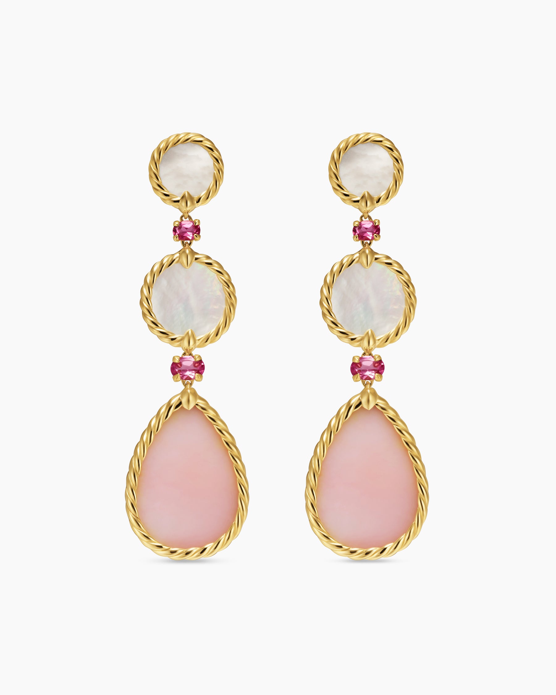 DY Elements Statement Drop Earrings in 18K Yellow Gold with Pink Opal, Mother of Pearl and Pink Tourmaline, 70mm