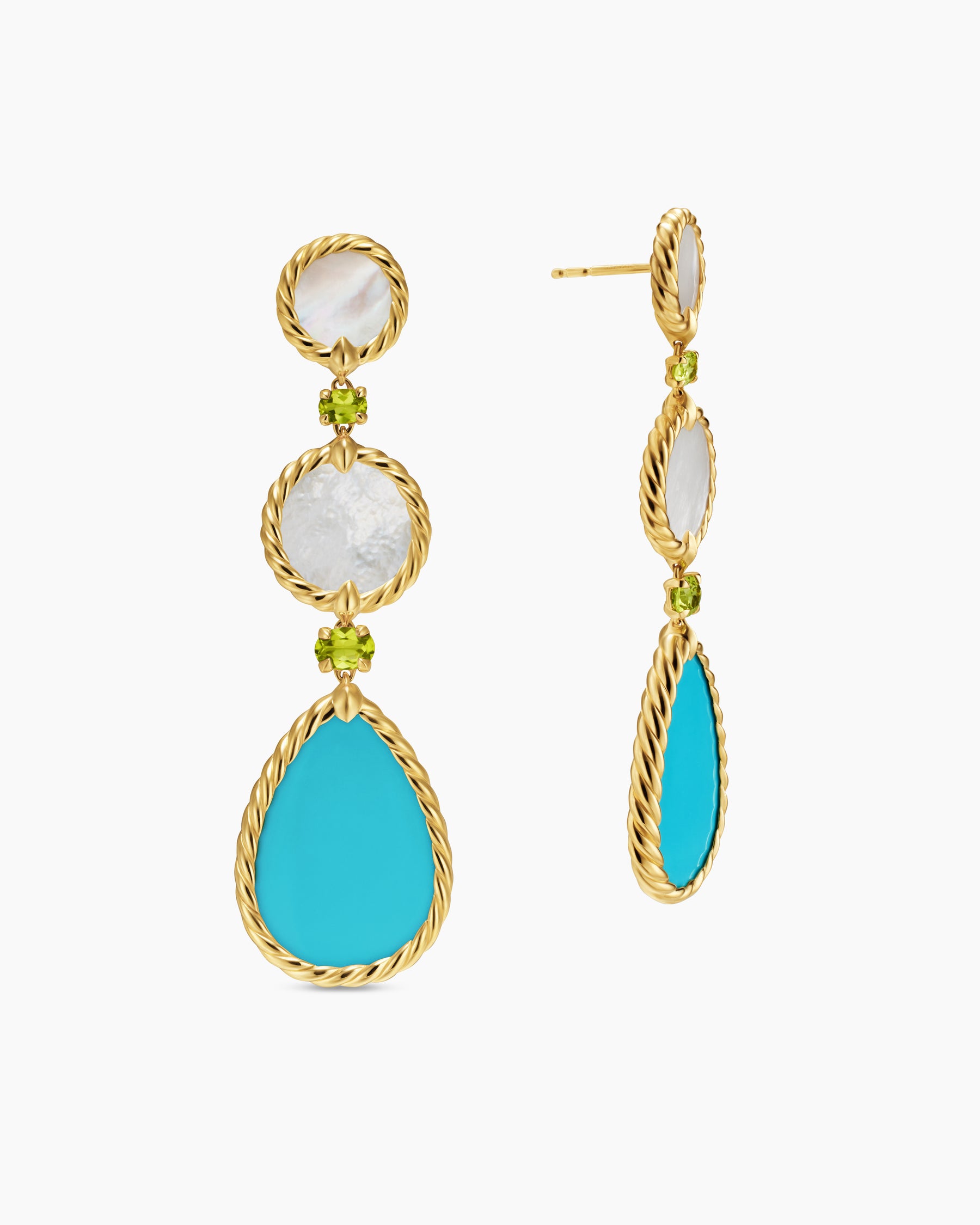 DY Elements Statement Drop Earrings in 18K Yellow Gold with Turquoise, Mother of Pearl and Peridot, 70mm - Image 3