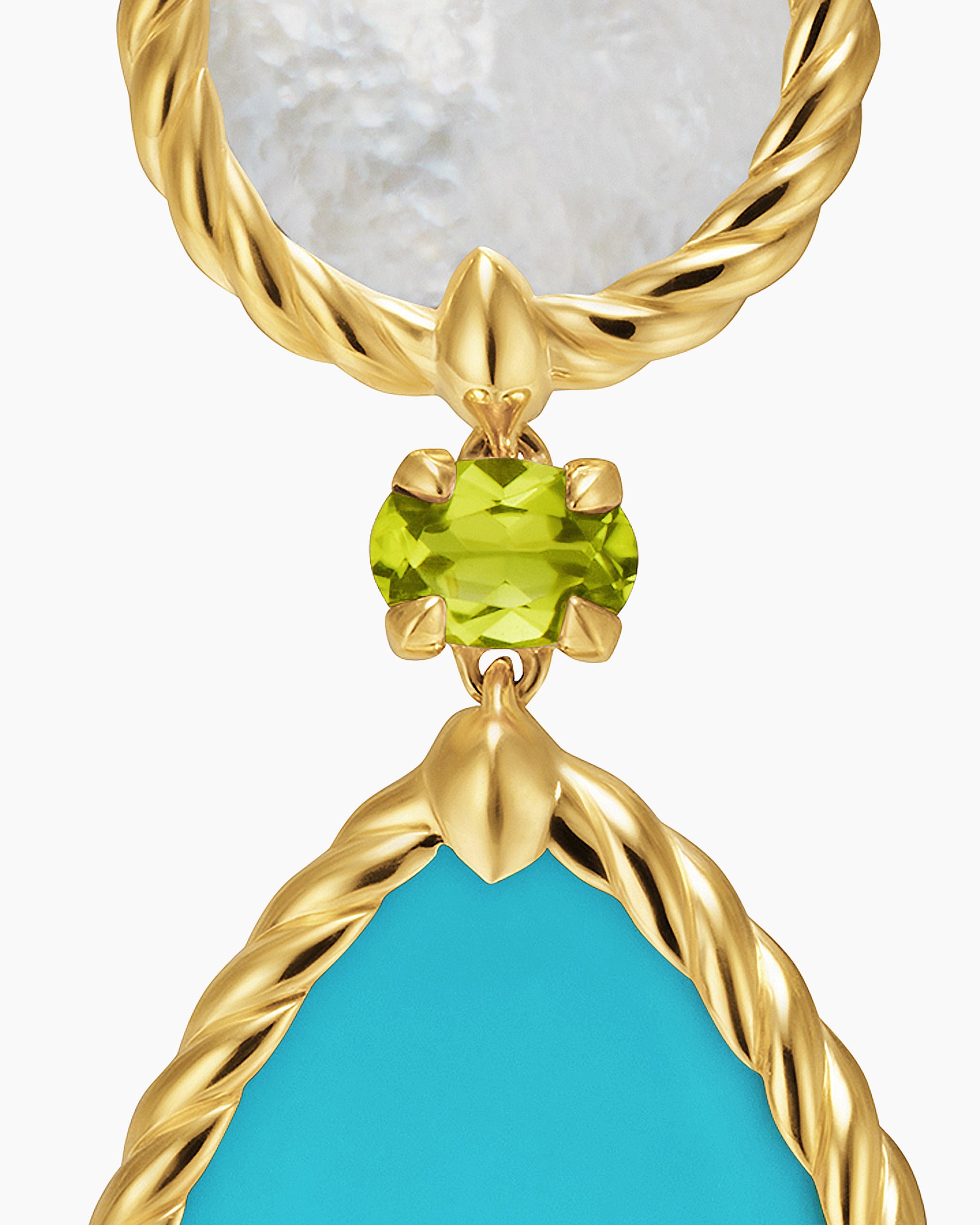 DY Elements Statement Drop Earrings in 18K Yellow Gold with Turquoise, Mother of Pearl and Peridot, 70mm - Image 4